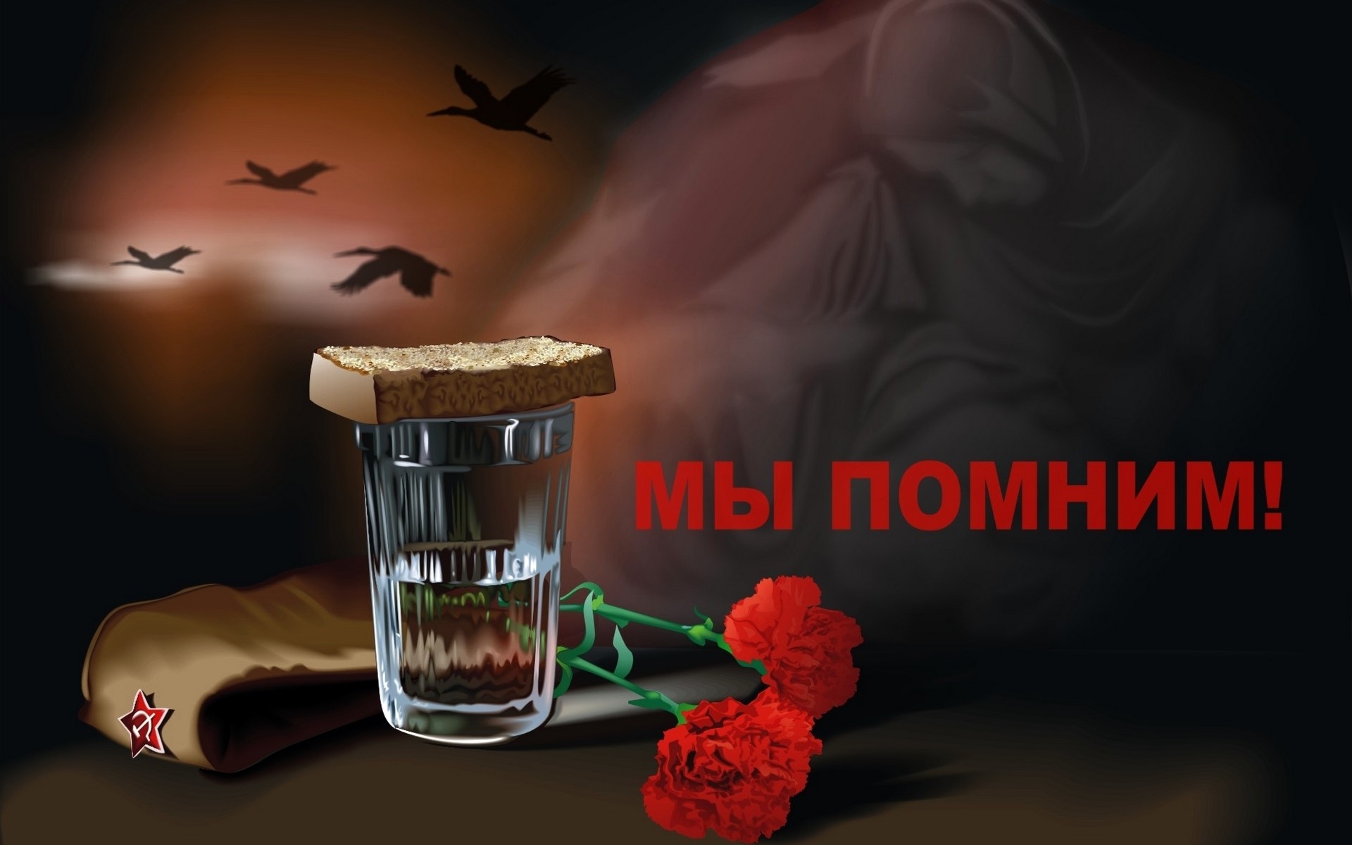 Victory Day remembrance with bread, vodka, and carnations HD Wallpaper