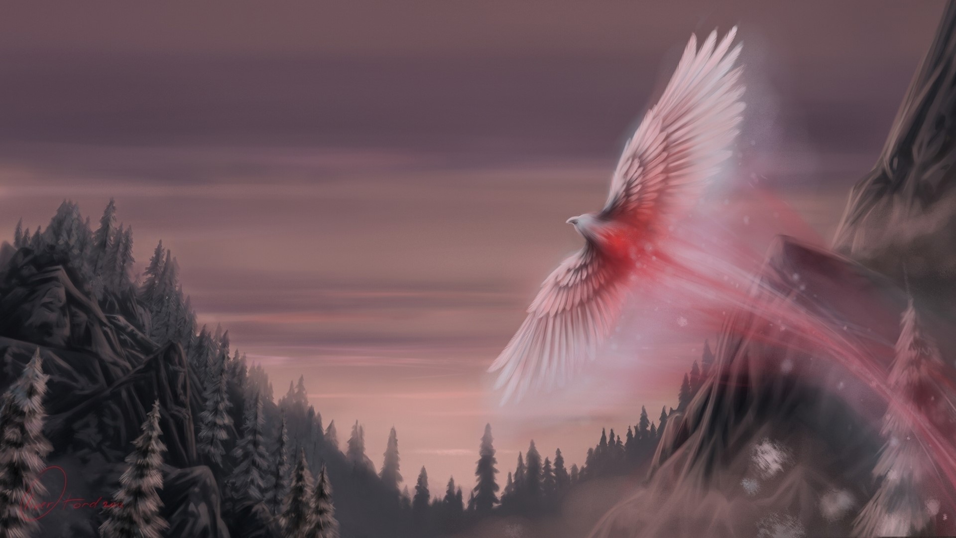 A glowing white bird flies through a misty mountain landscape HD Wallpaper