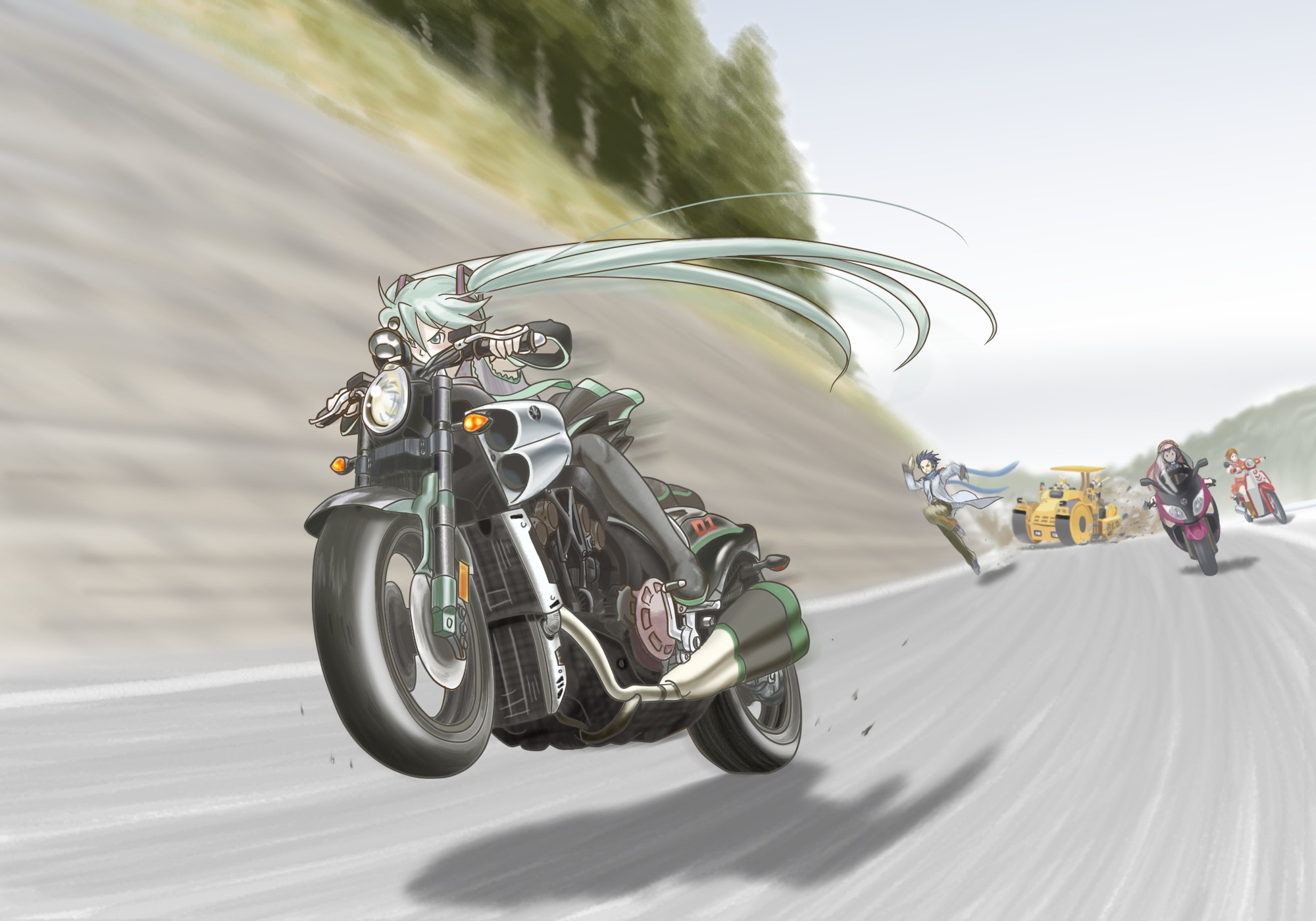 Hatsune Miku riding a motorcycle with others HD Wallpaper
