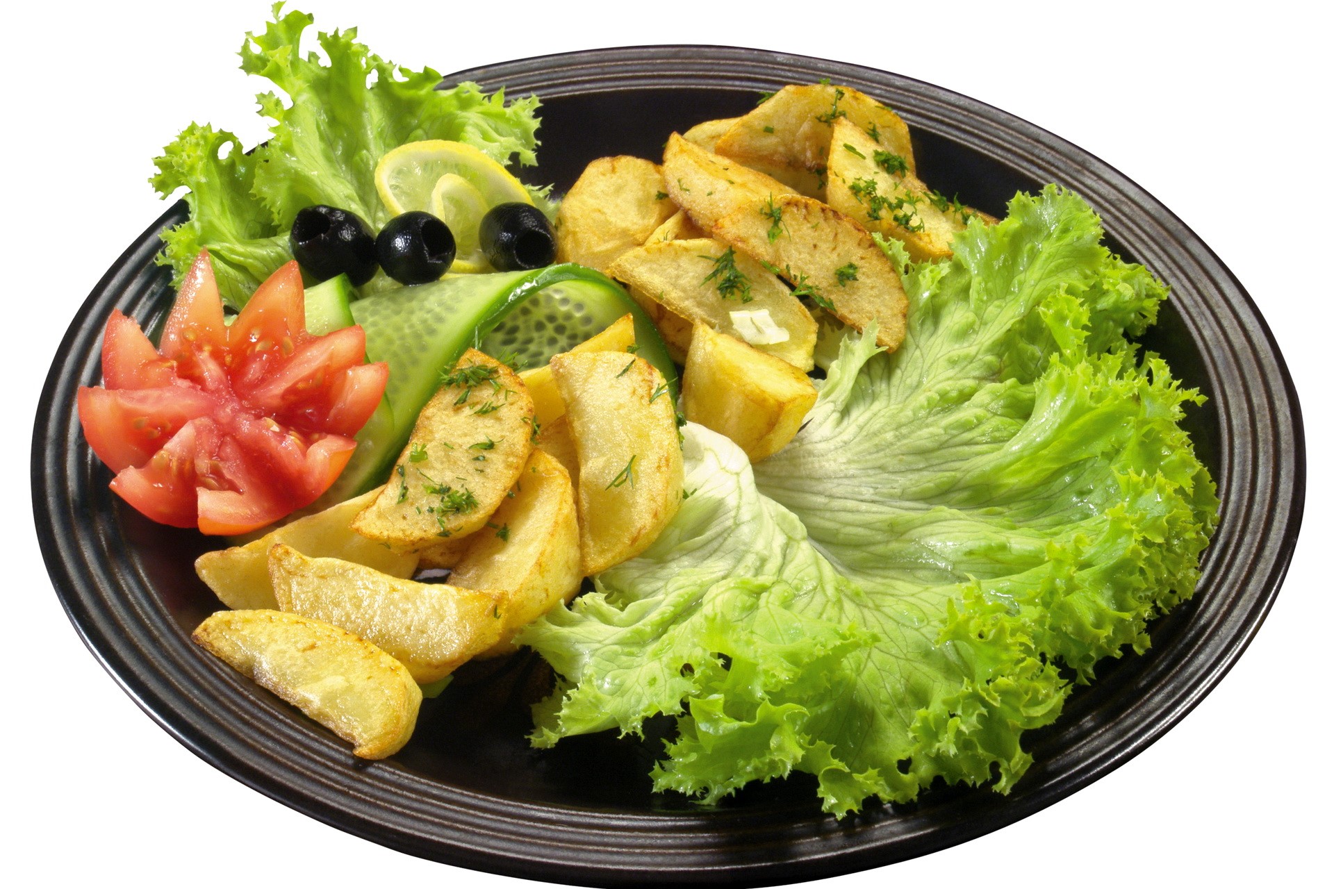 Plate of roasted potato wedges with salad HD Wallpaper