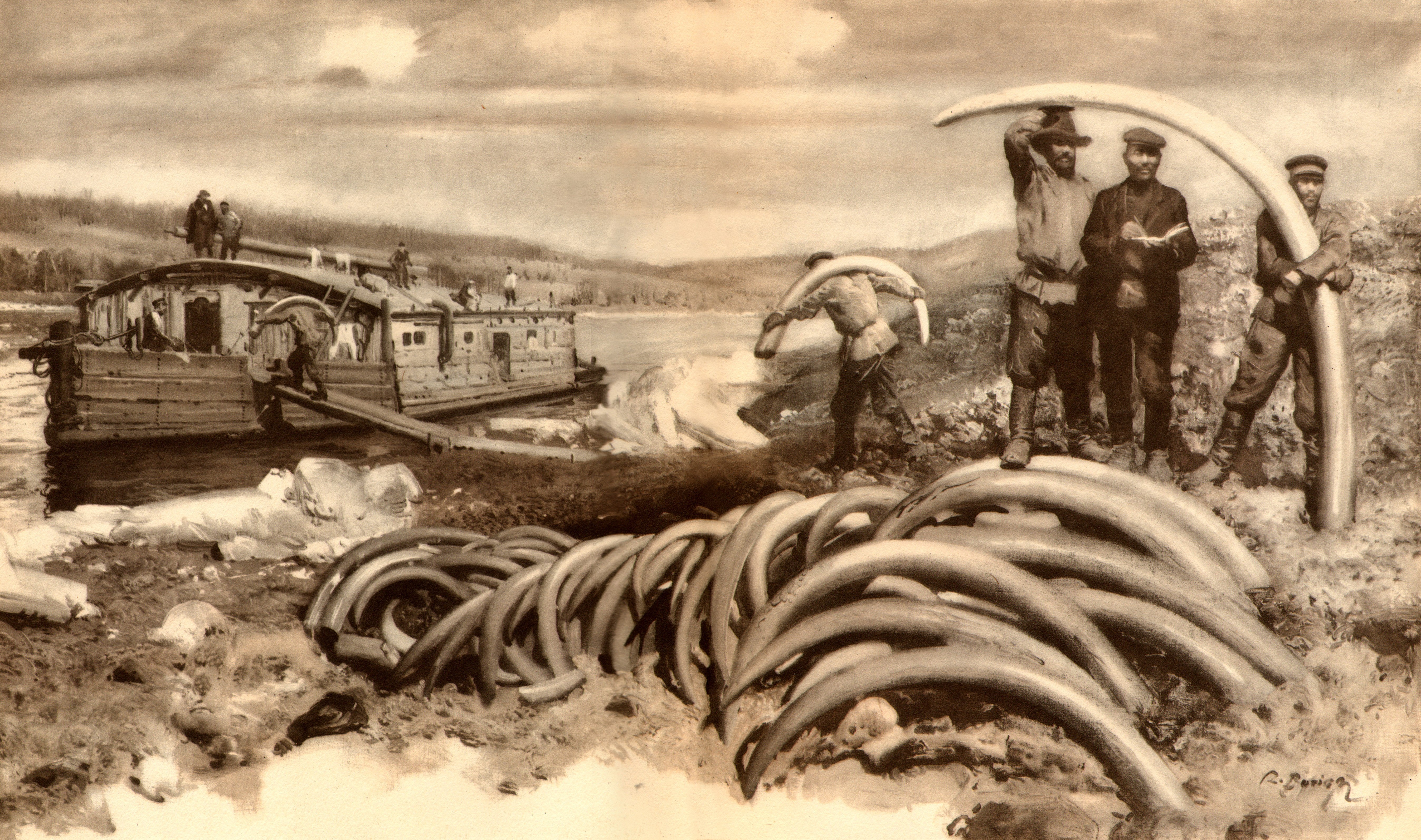 Mammoth tusks being loaded onto a barge by Zdenek Burian HD Wallpaper