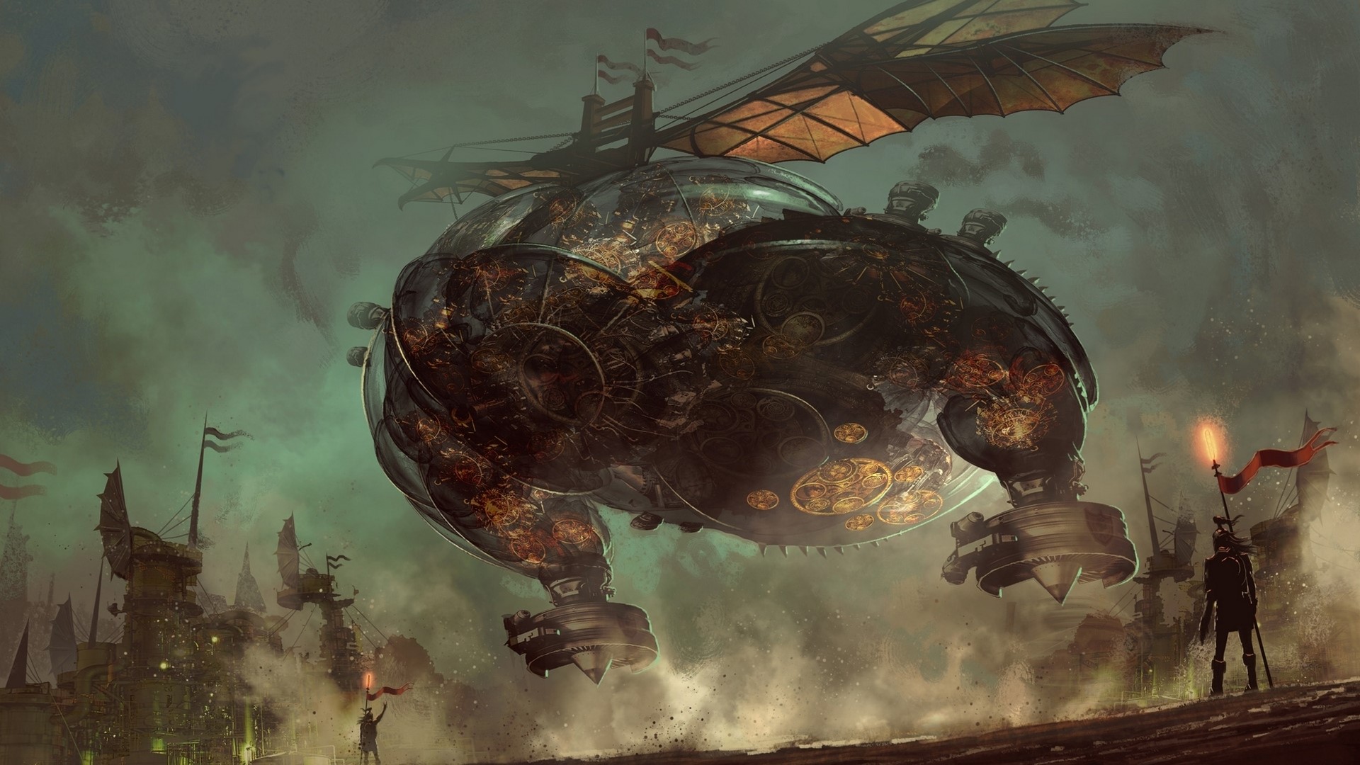 Steampunk airship over a city HD Wallpaper