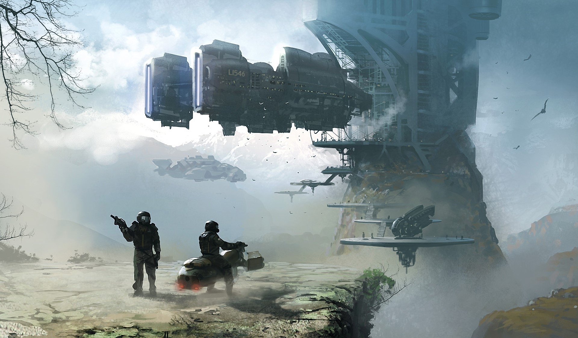 Sci-fi vehicles and structures in a mountainous landscape HD Wallpaper
