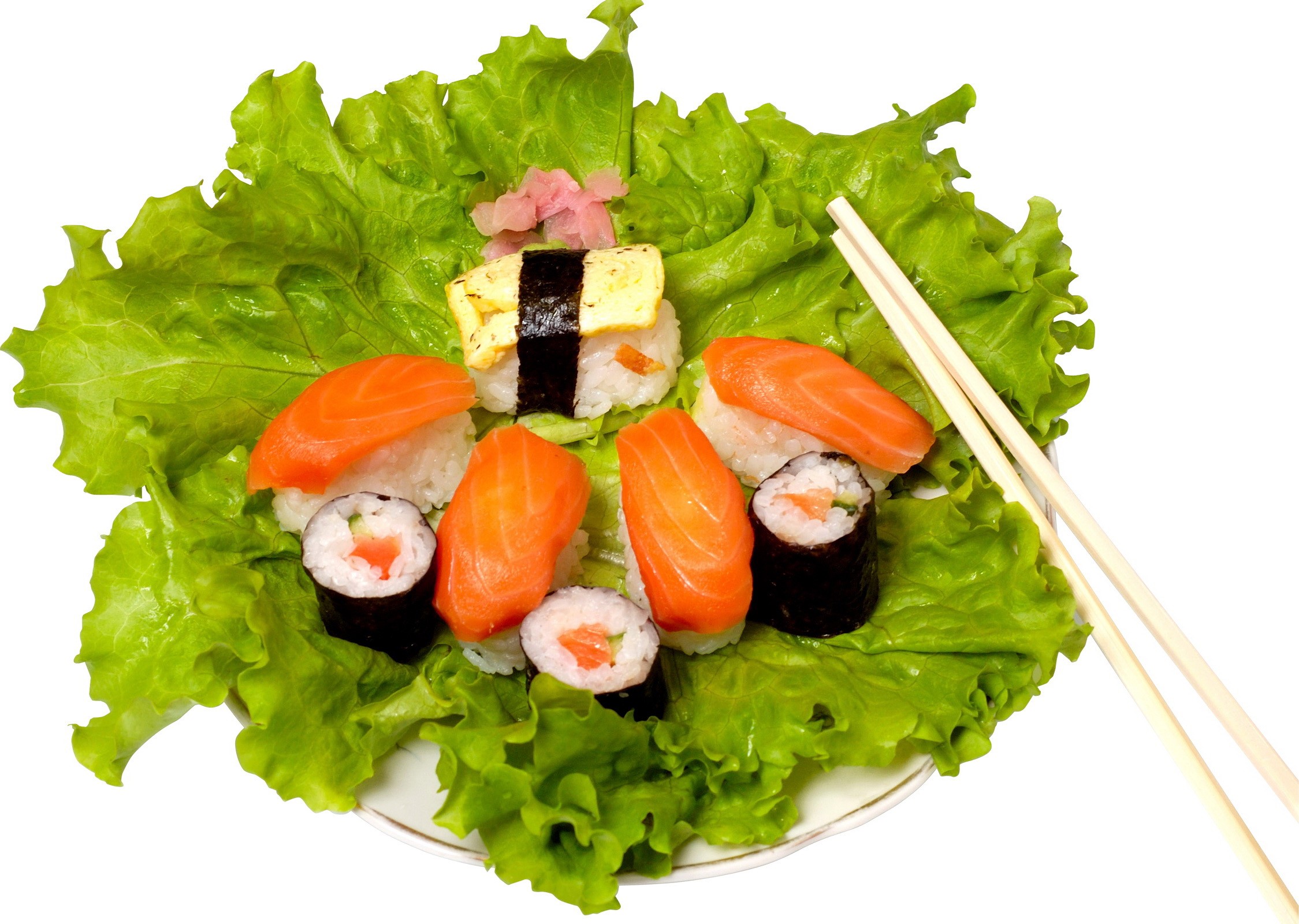 Sushi platter with salmon and egg on lettuce HD Wallpaper