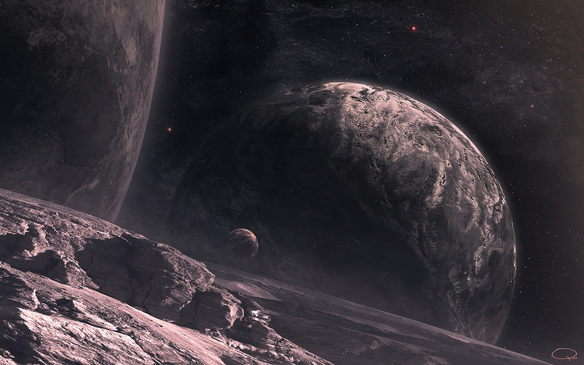 Planetary surfaces in deep space with stars and moons HD Wallpaper
