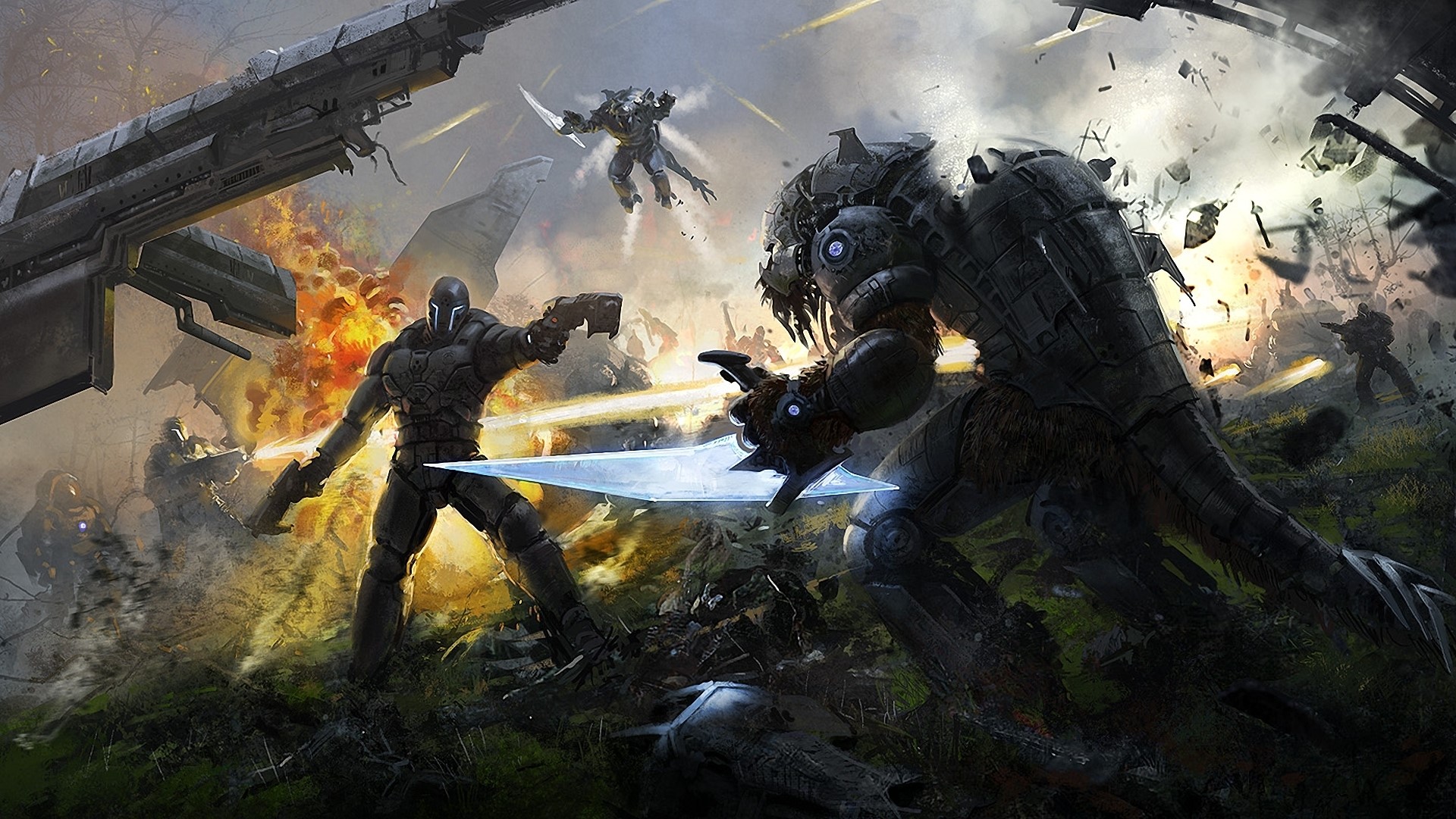 Sci-fi soldiers and alien creatures in a fierce battle HD Wallpaper