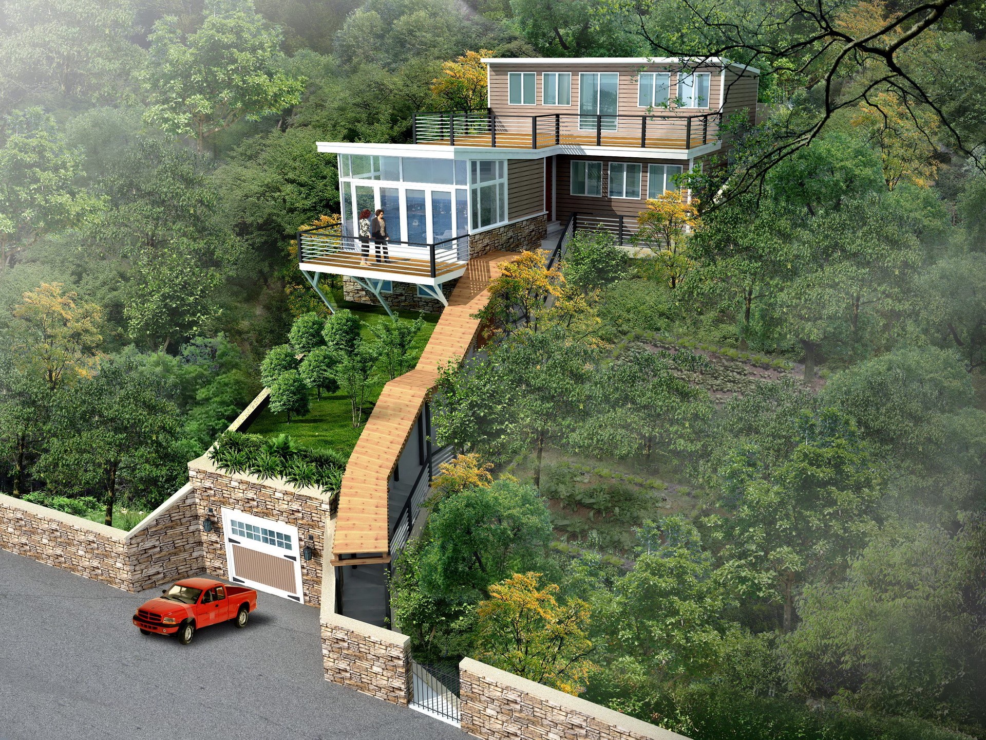 Modern house design on a forested hillside HD Wallpaper