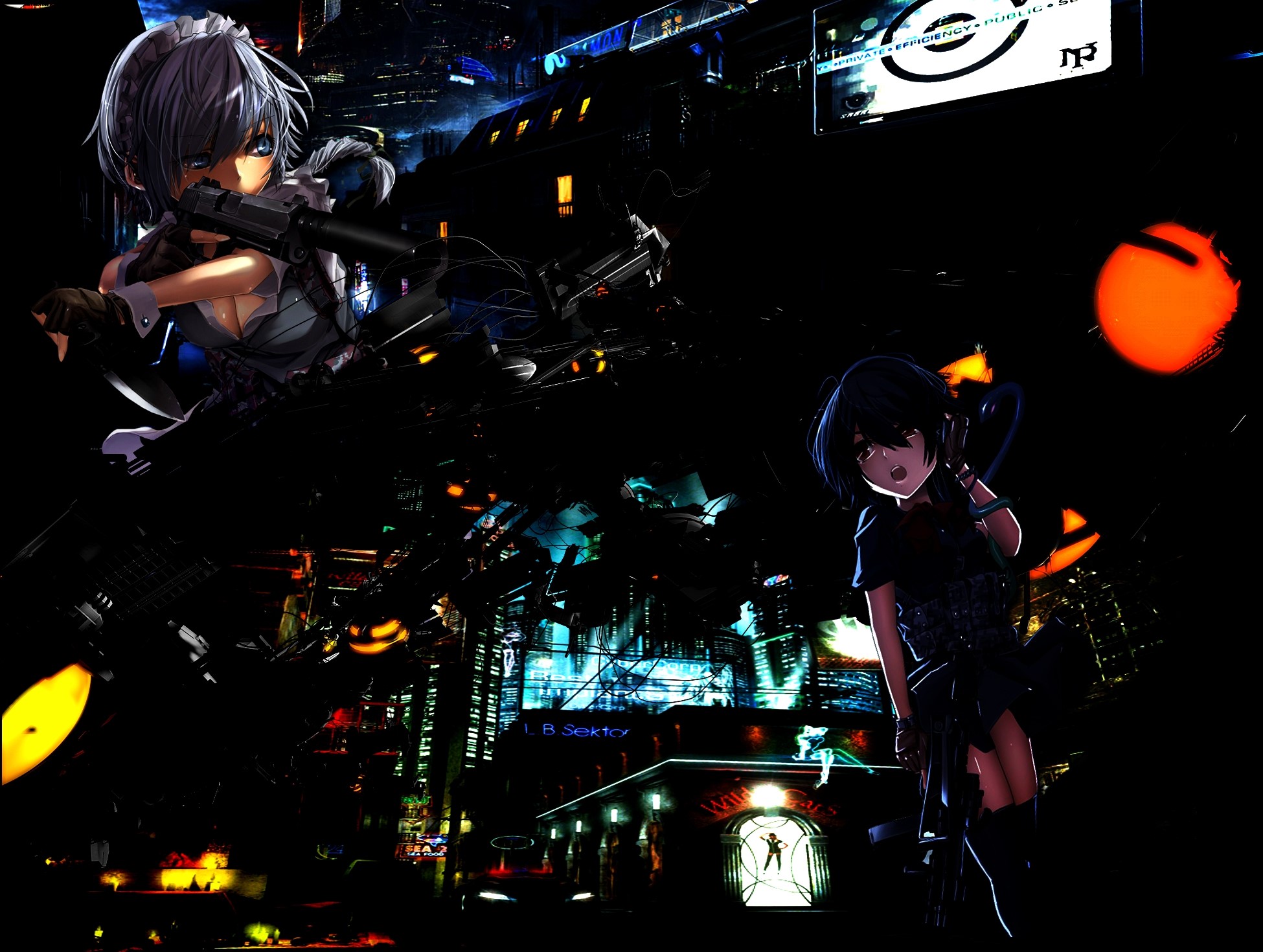 Anime girls with guns in a futuristic city HD Wallpaper