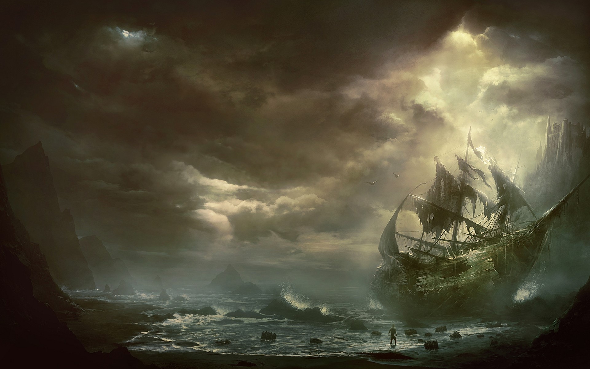 Shipwrecked vessel in a stormy sea with a lone figure HD Wallpaper
