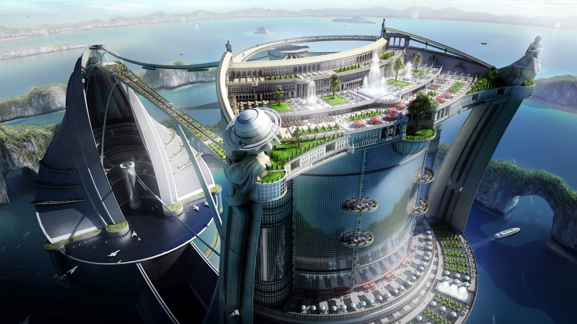 Futuristic city on islands with futuristic architecture HD Wallpaper