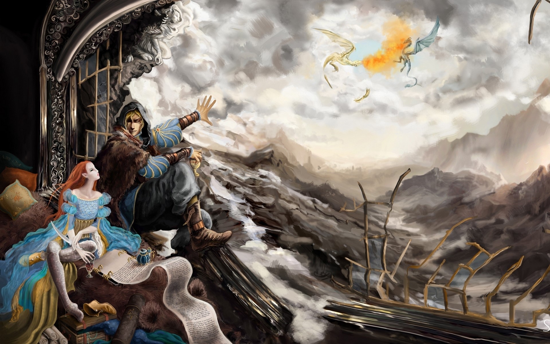 Two dragons fighting in the sky above a ruined landscape HD Wallpaper