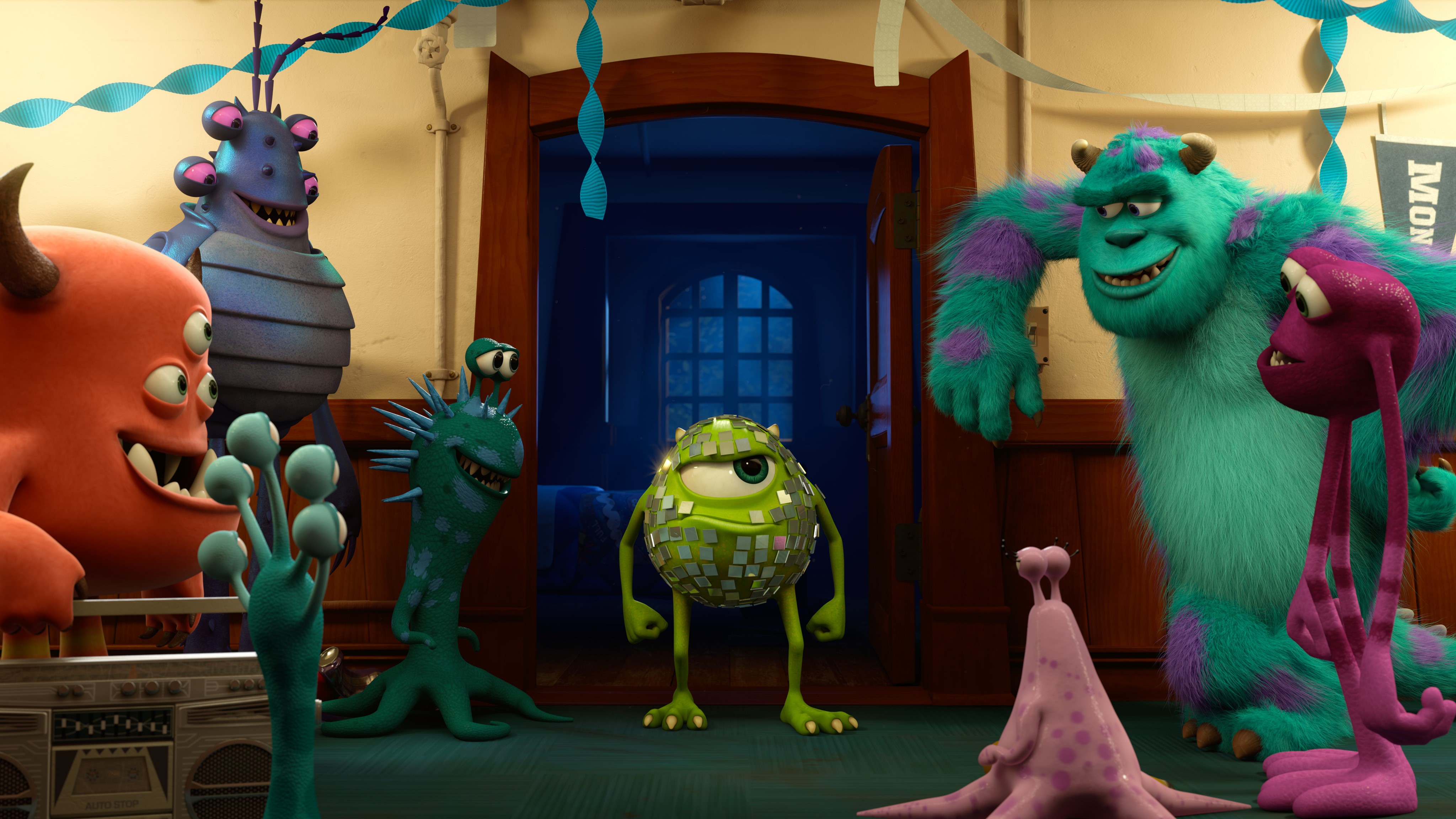 Monsters, Inc. characters at a party HD Wallpaper
