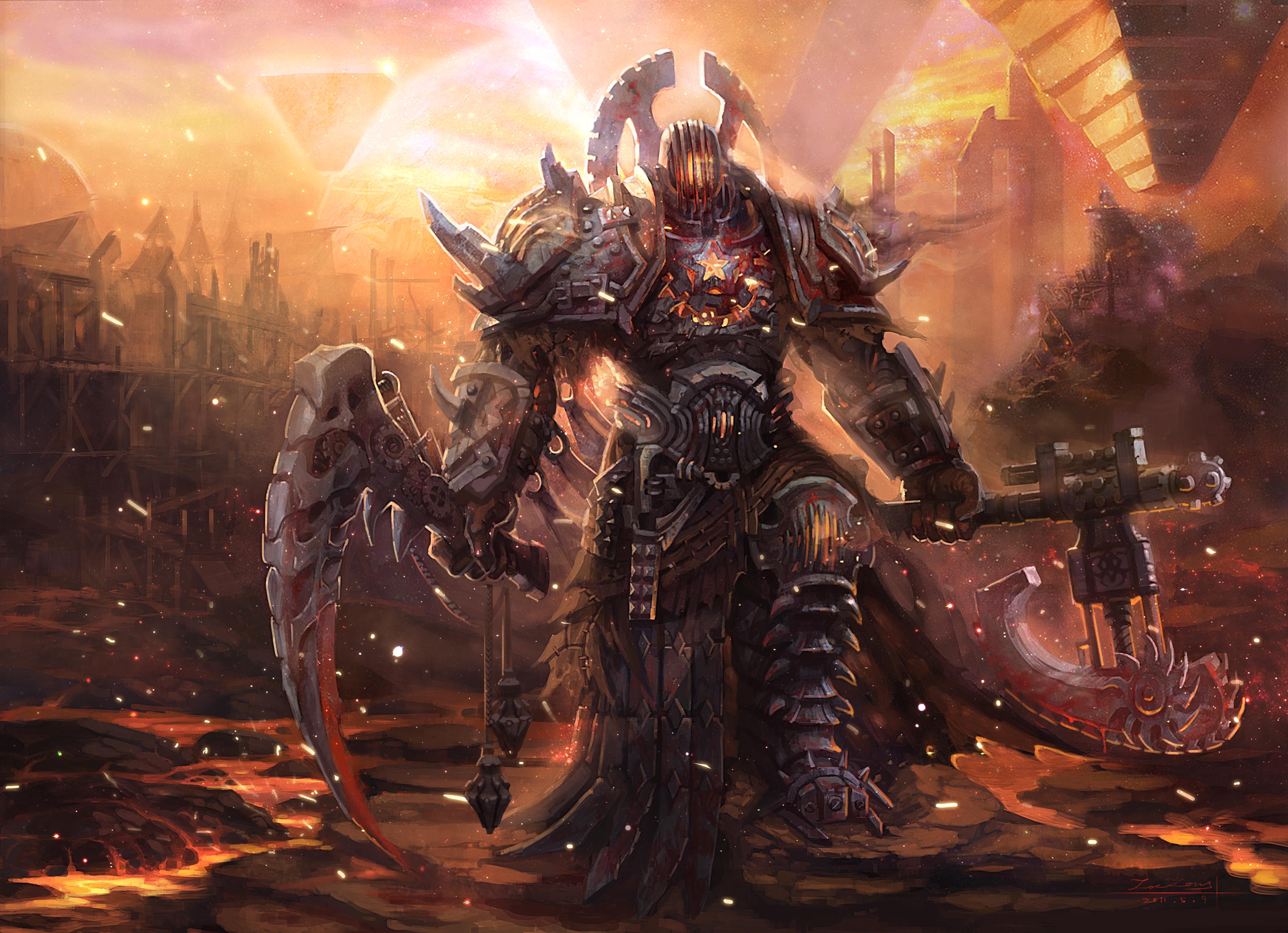 Monster in apocalyptic landscape with scythe and axe HD Wallpaper
