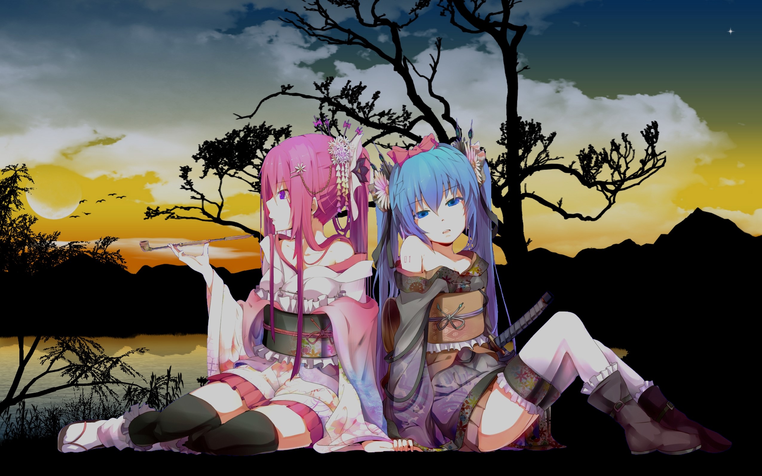 Two anime girls in kimonos by the water at sunset HD Wallpaper