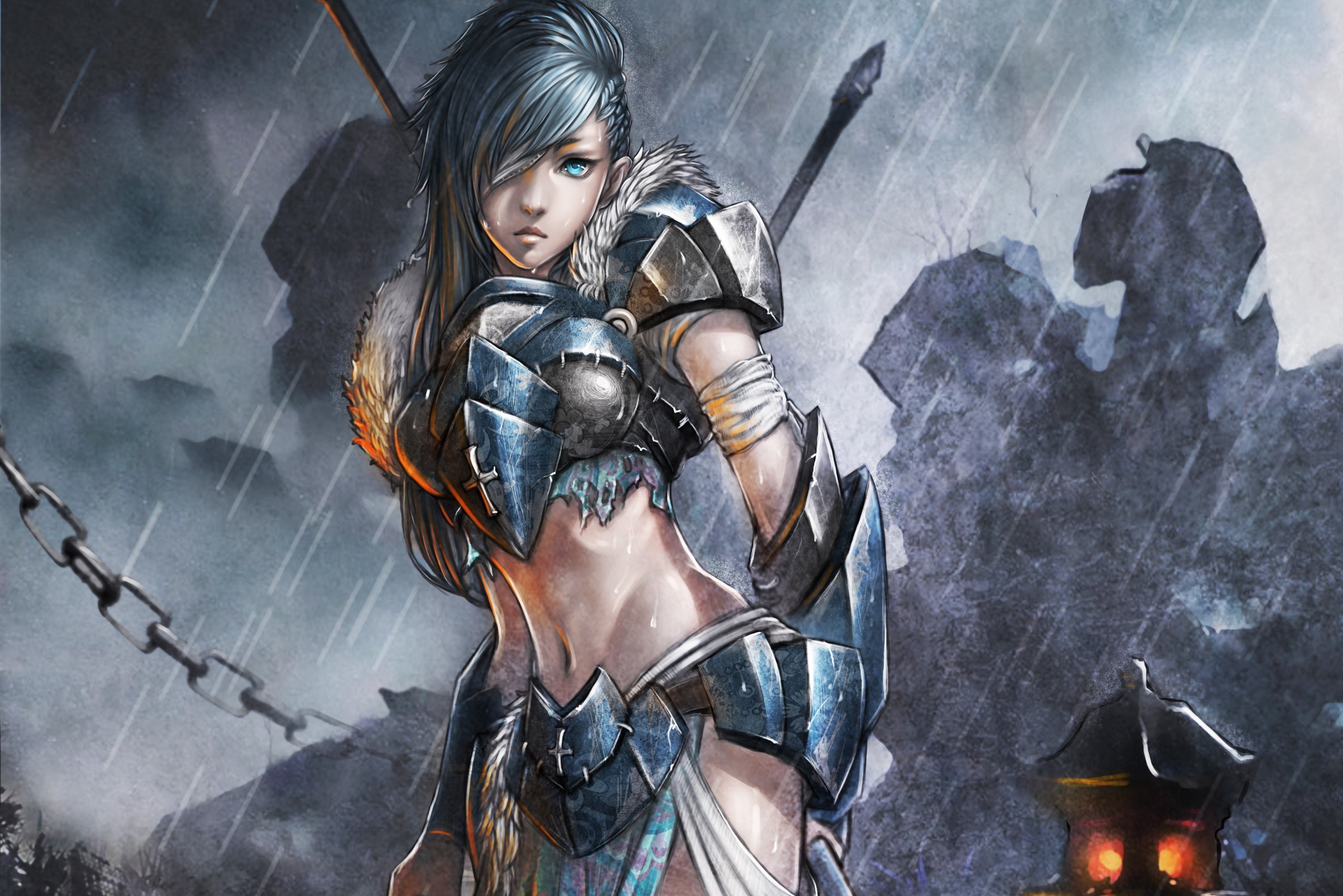 Warrior woman in armor in the rain HD Wallpaper