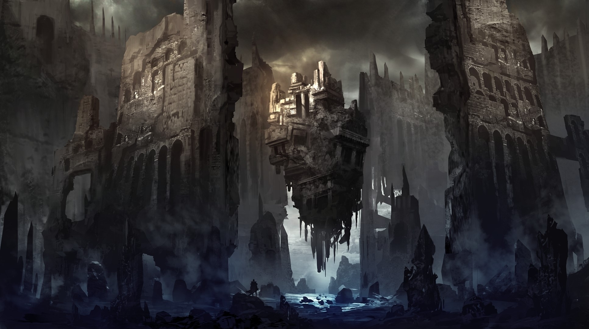 Floating ruins in a dark, fantasy landscape HD Wallpaper