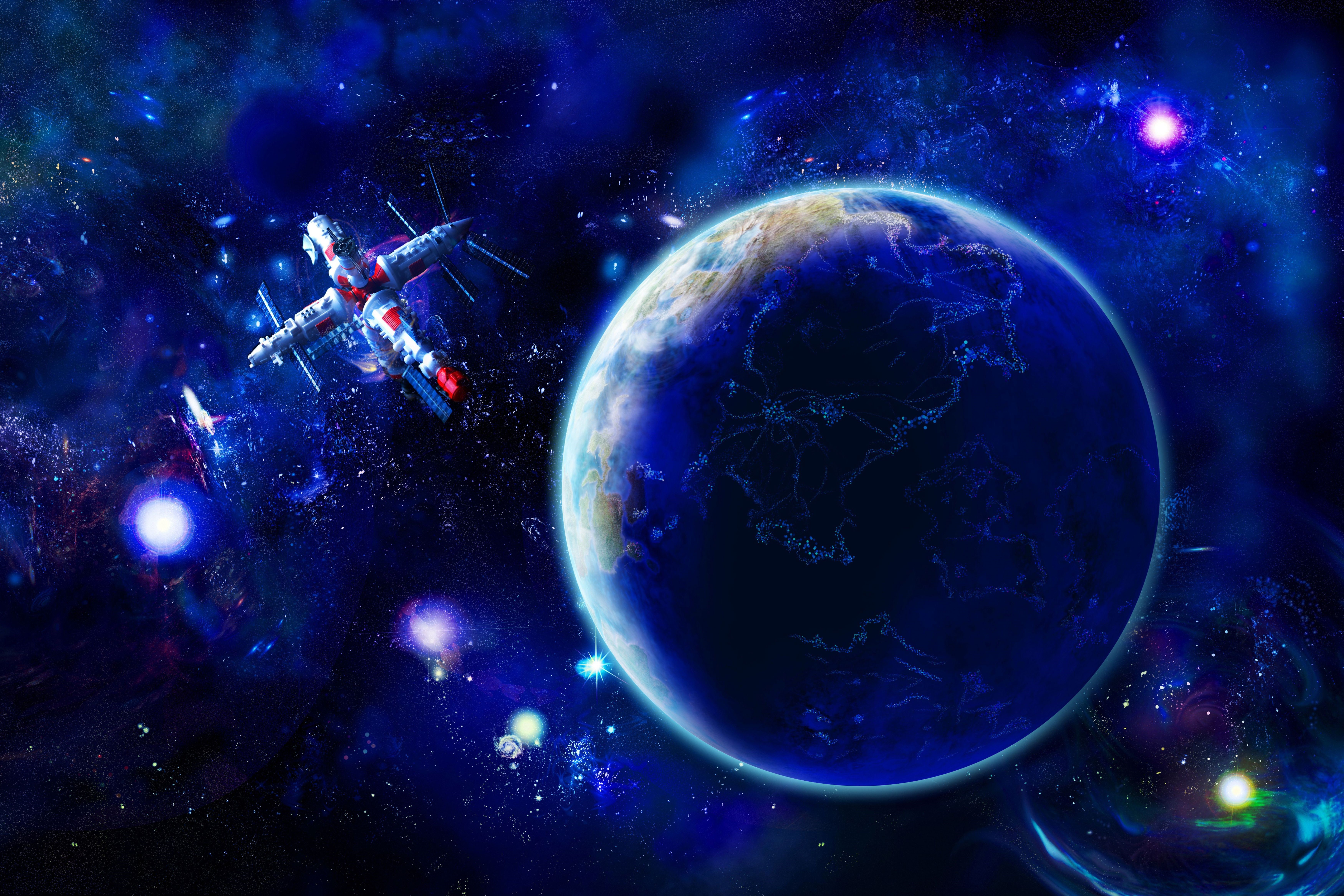 Spacecraft near Earth in a nebula HD Wallpaper