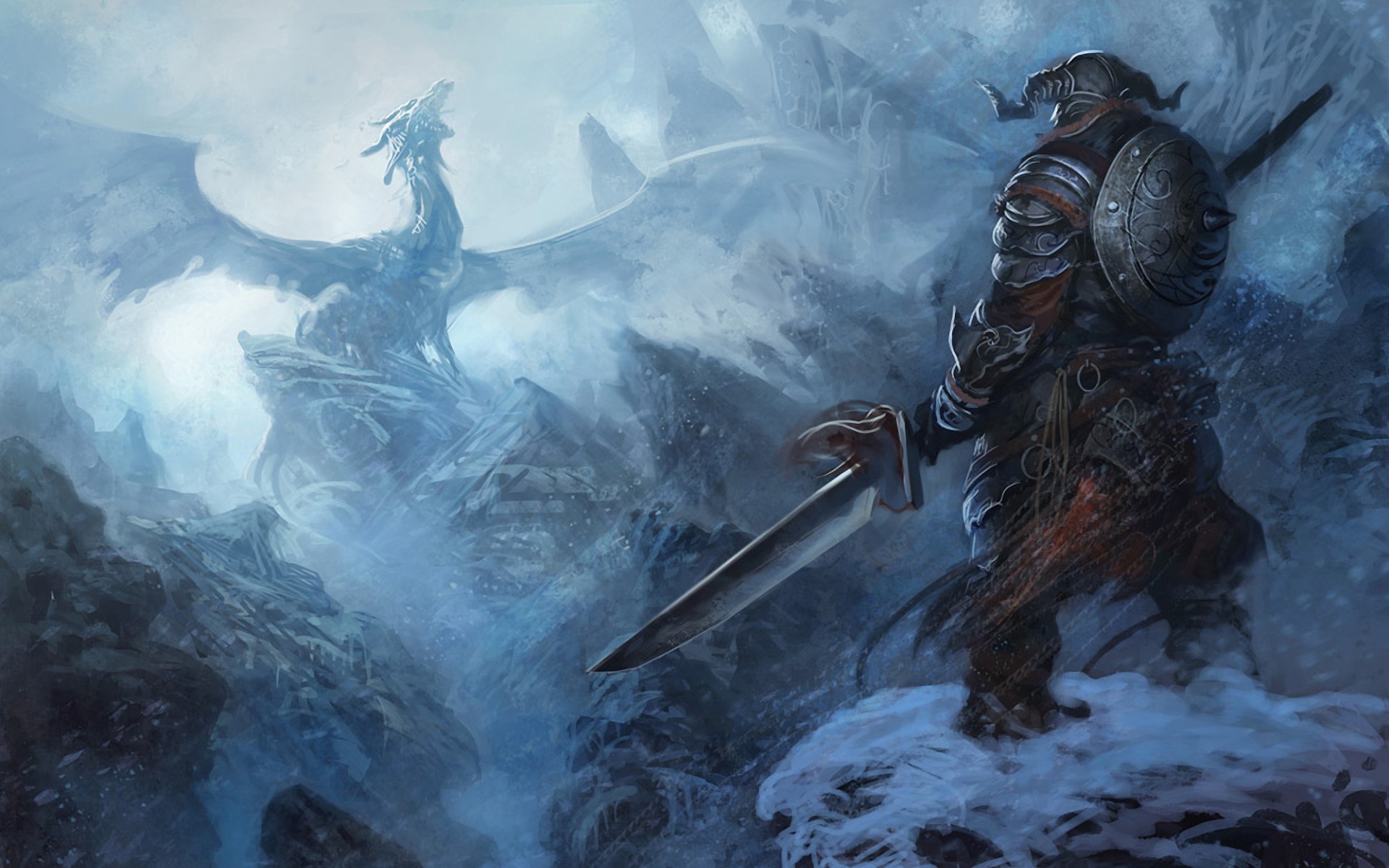 Dragonborn fighting a dragon in Skyrim HD Wallpaper