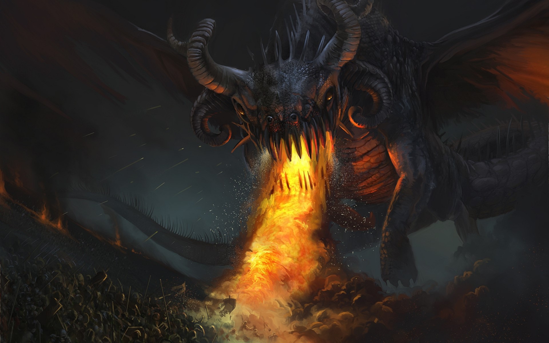 Dragon breathing fire on an army HD Wallpaper
