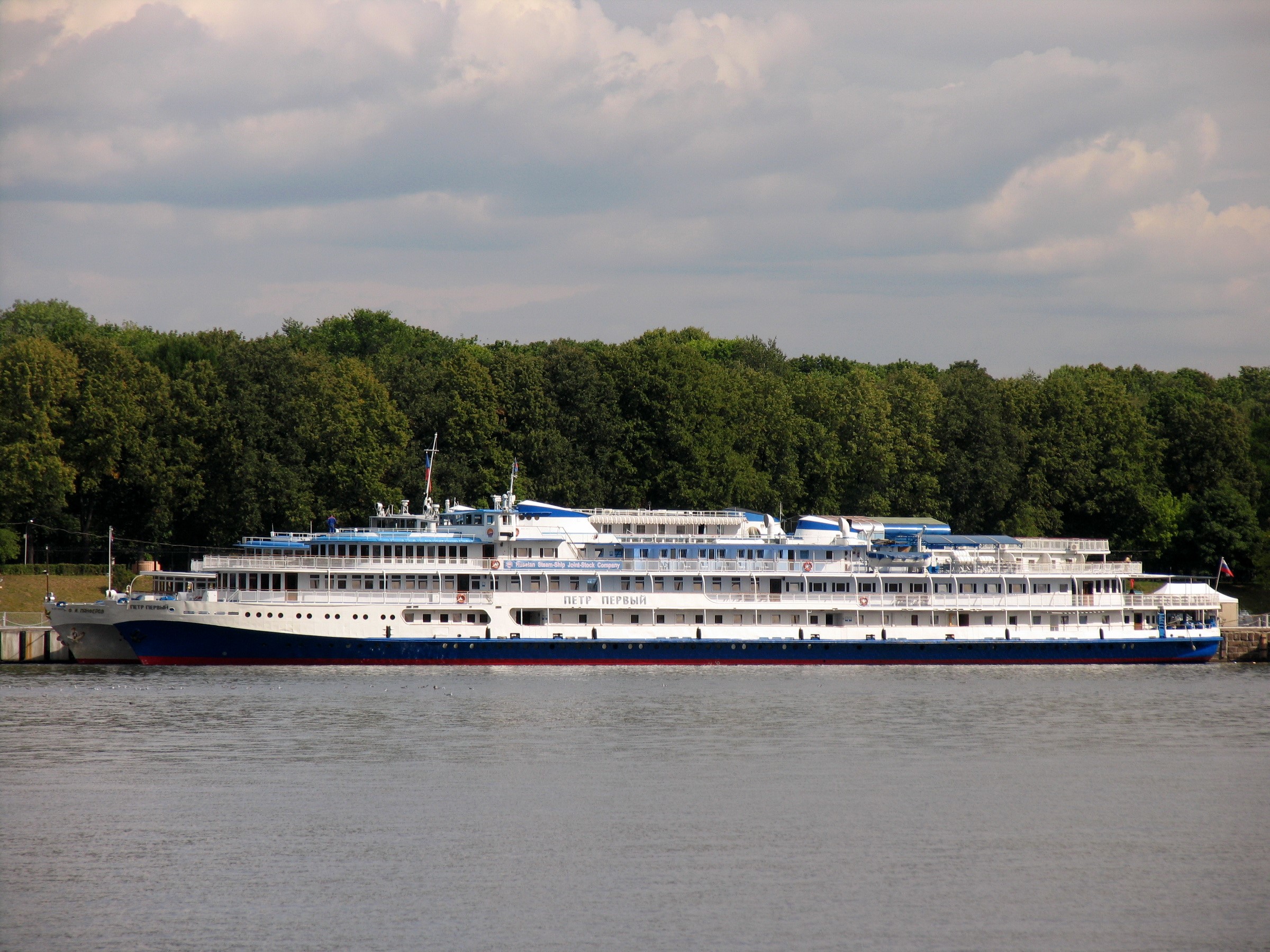 The cruise liner Petr Pervyy docked by a tree-lined shore HD Wallpaper