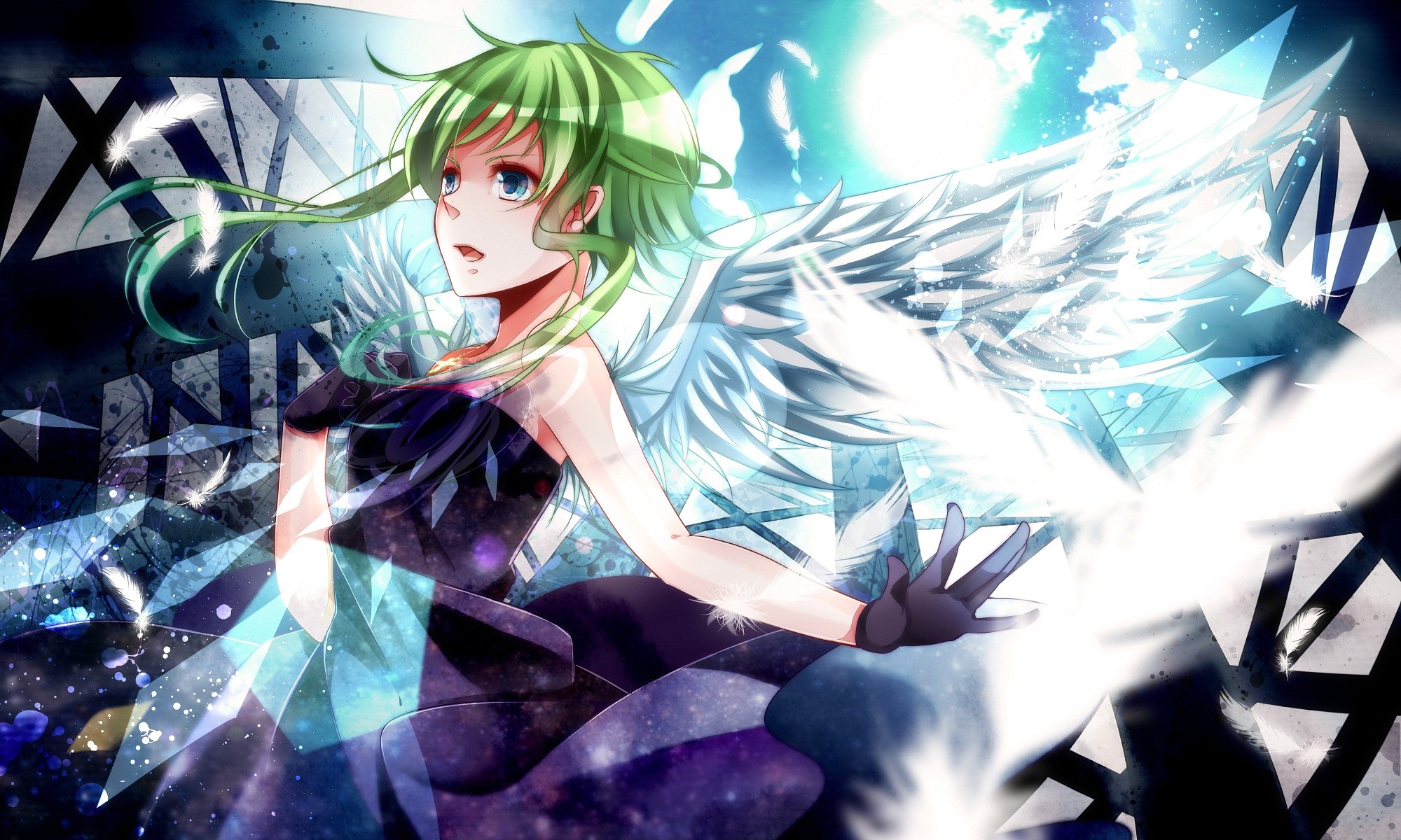 Vocaloid girl with green hair and white wings HD Wallpaper