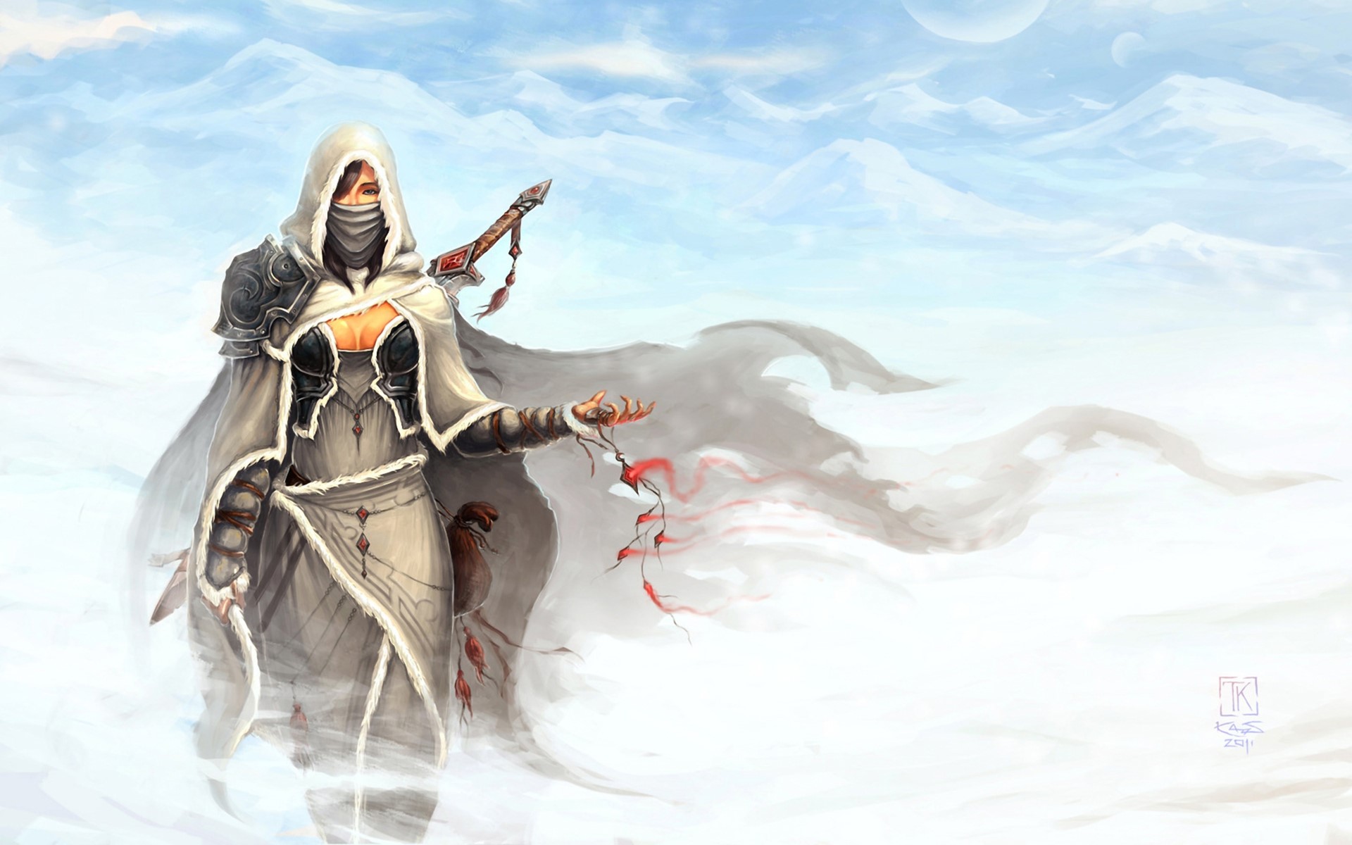 Warrior woman in snowy mountains with sword HD Wallpaper