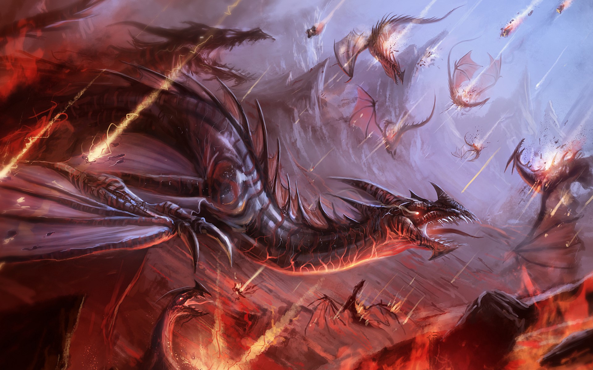 A swarm of dragons in a fiery battle HD Wallpaper