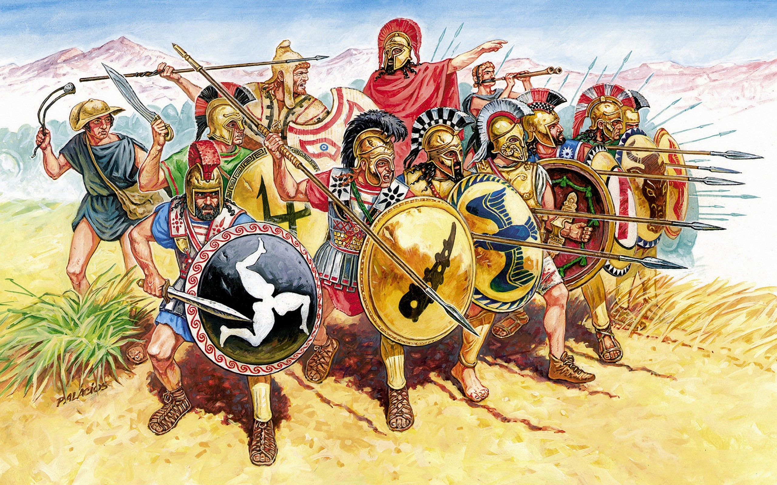 Ancient Greek soldiers in battle formation HD Wallpaper