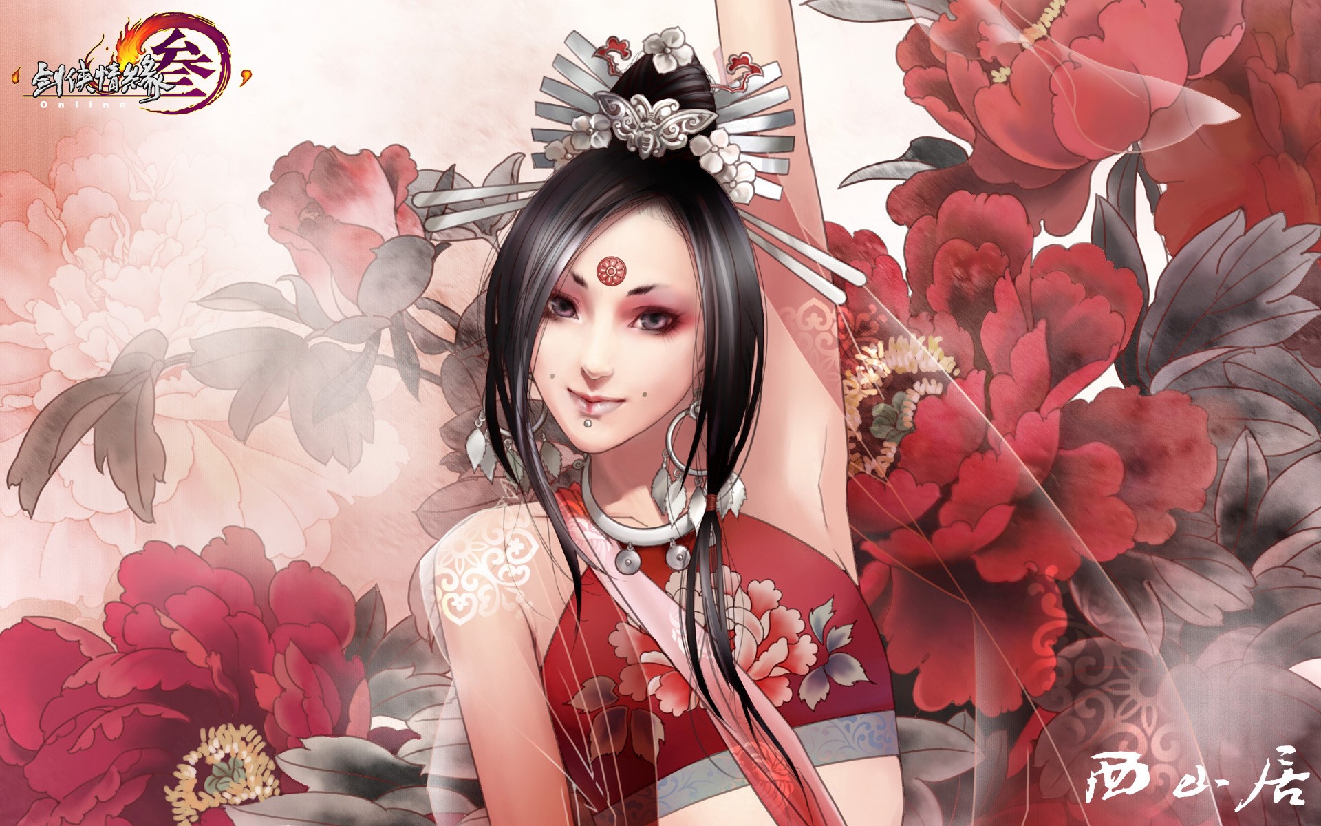 JX Online character with peonies HD Wallpaper