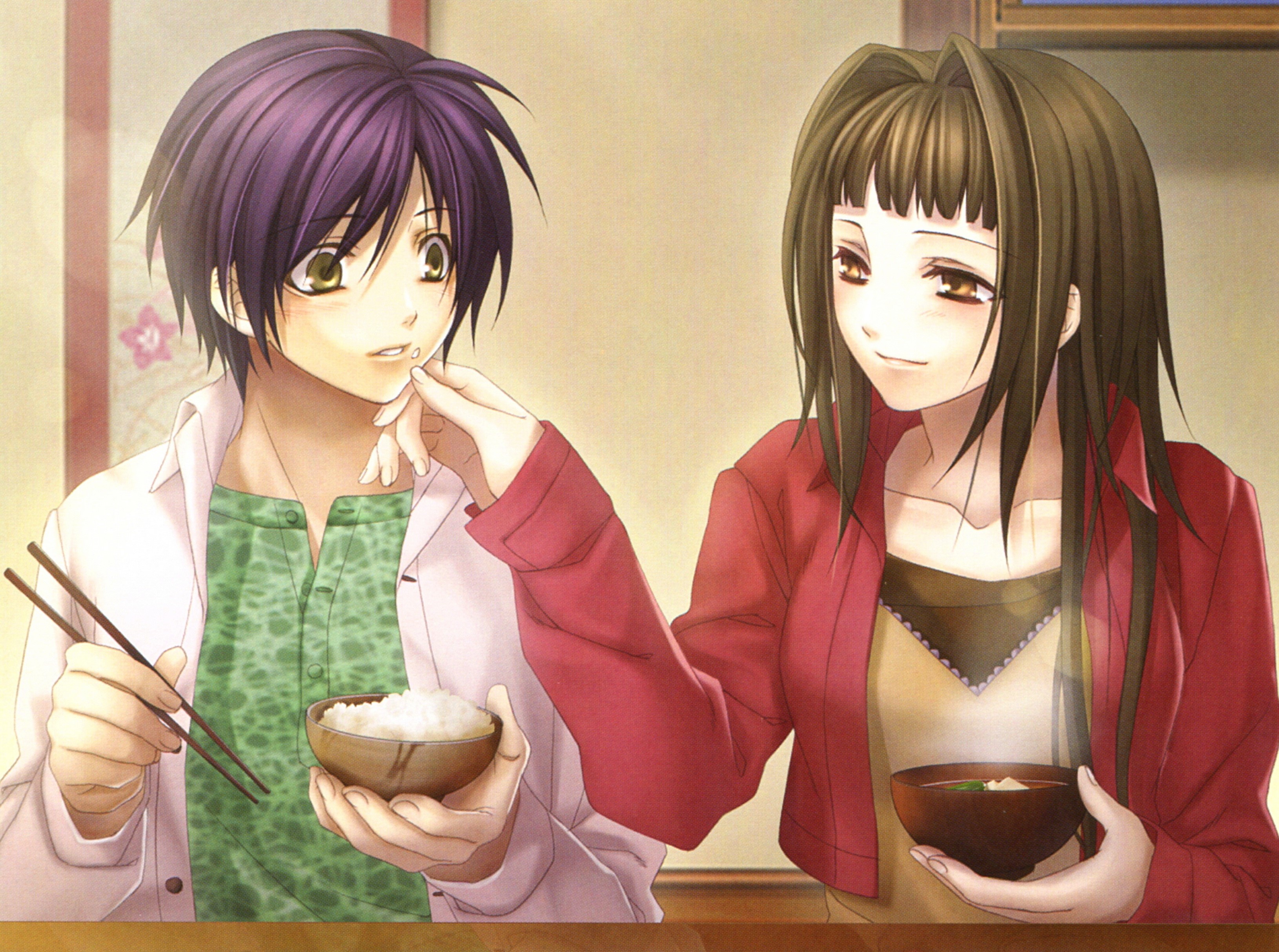 Young man and woman eating rice HD Wallpaper