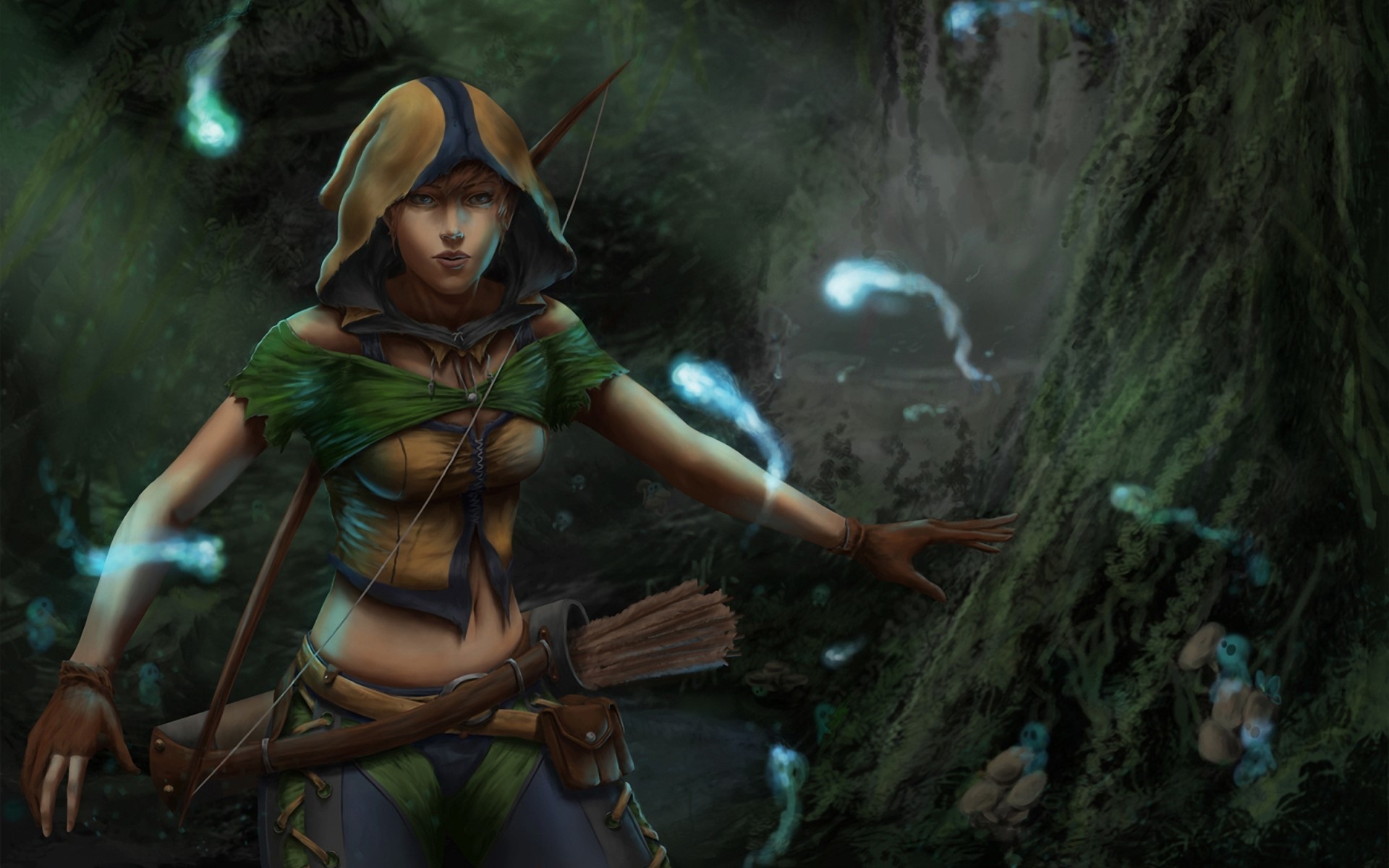 Archer girl with bow and arrows in a forest HD Wallpaper