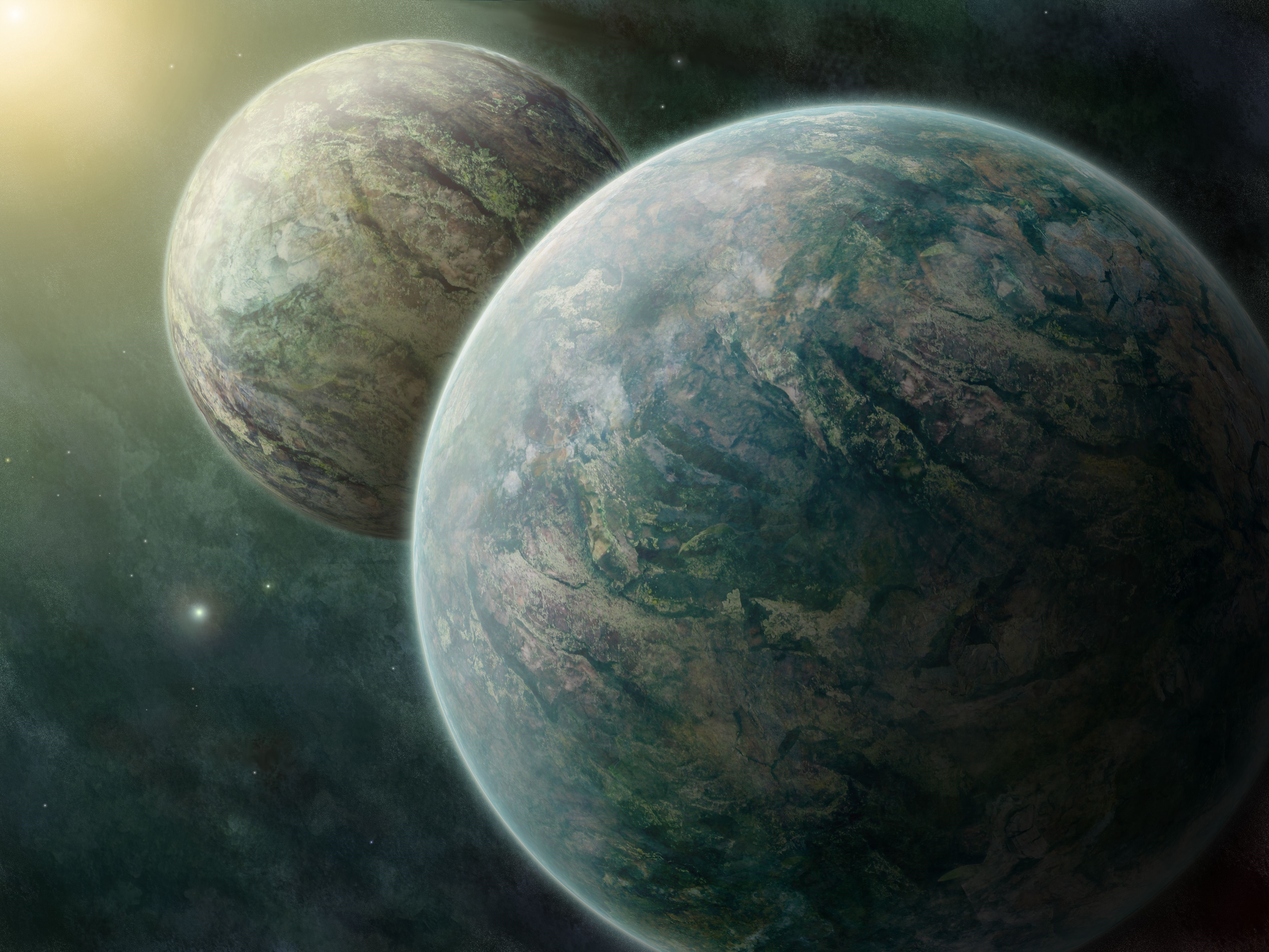 Two planets in space with a bright star HD Wallpaper
