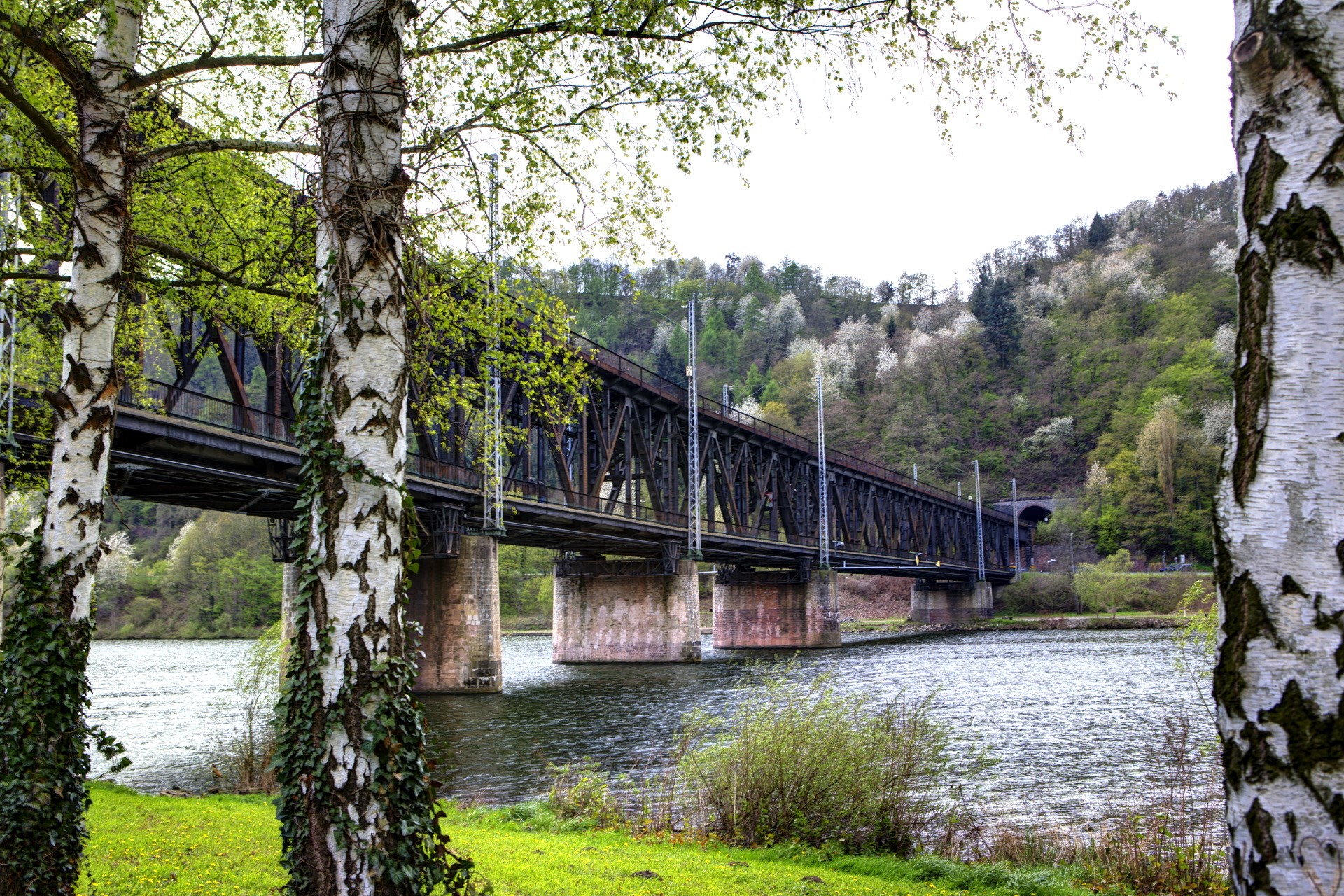 Railway bridge over a river in Germany HD Wallpaper