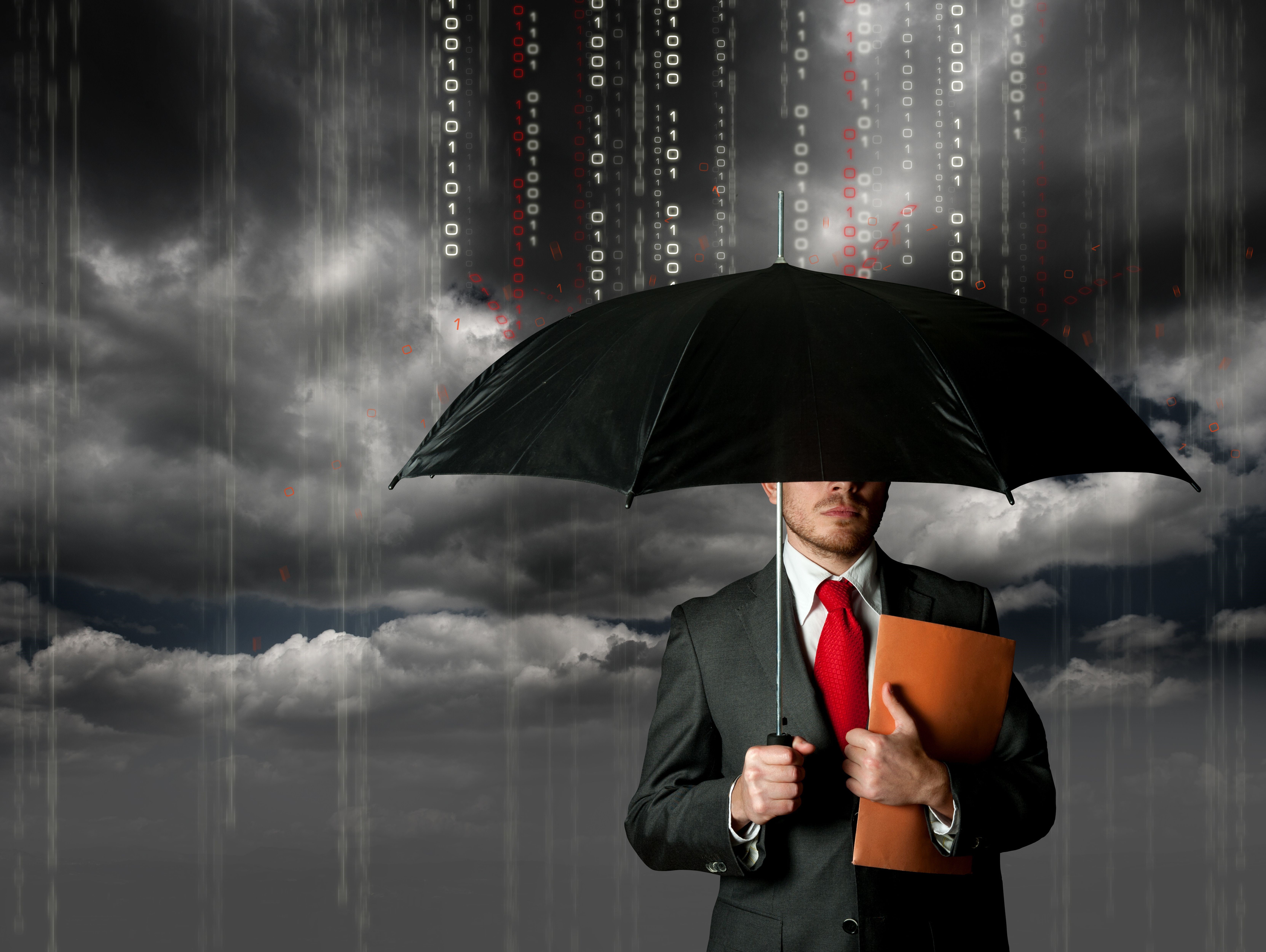 Man in Suit Holding Umbrella with Binary Rain HD Wallpaper