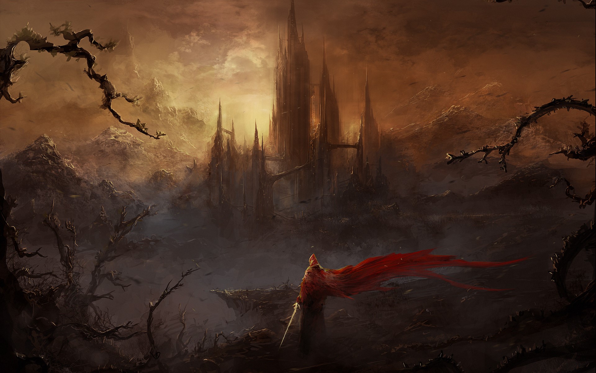 Dark fantasy castle with a warrior in red cape HD Wallpaper