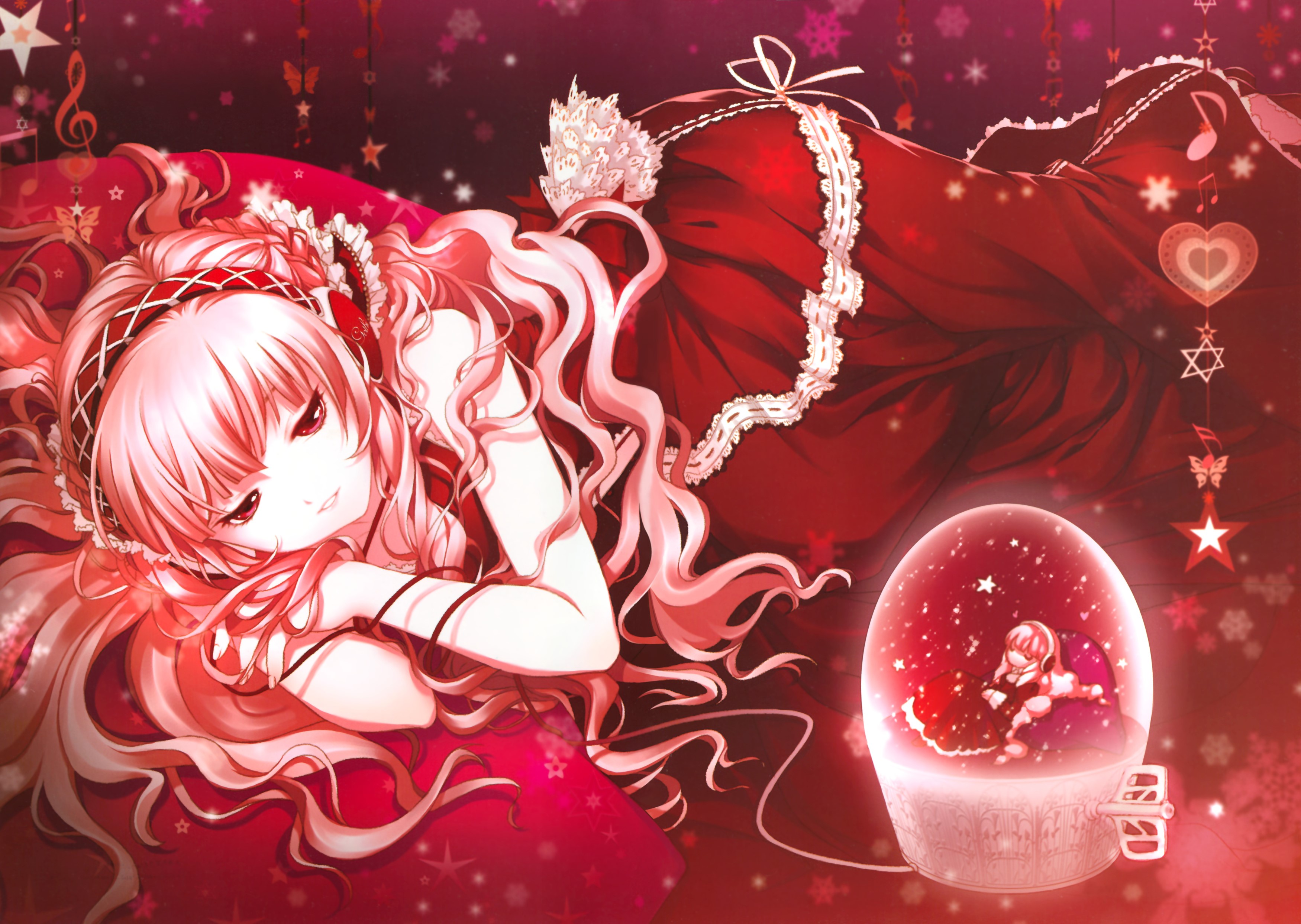 Hatsune Miku in a red dress with a snow globe HD Wallpaper