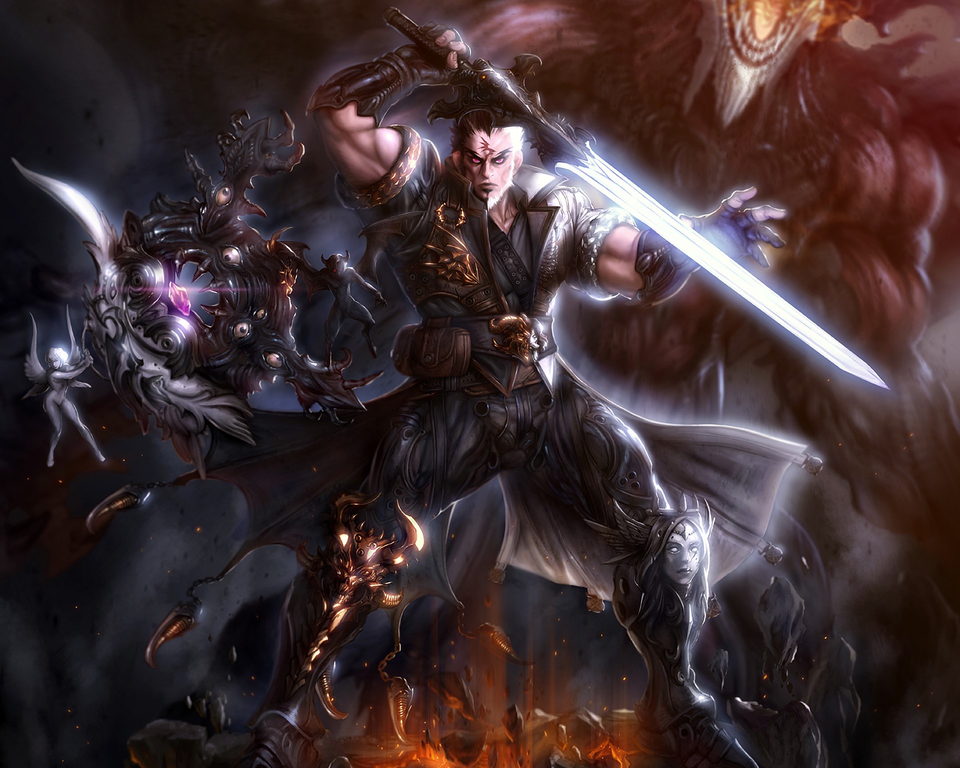 Warrior with glowing sword and demonic shield HD Wallpaper