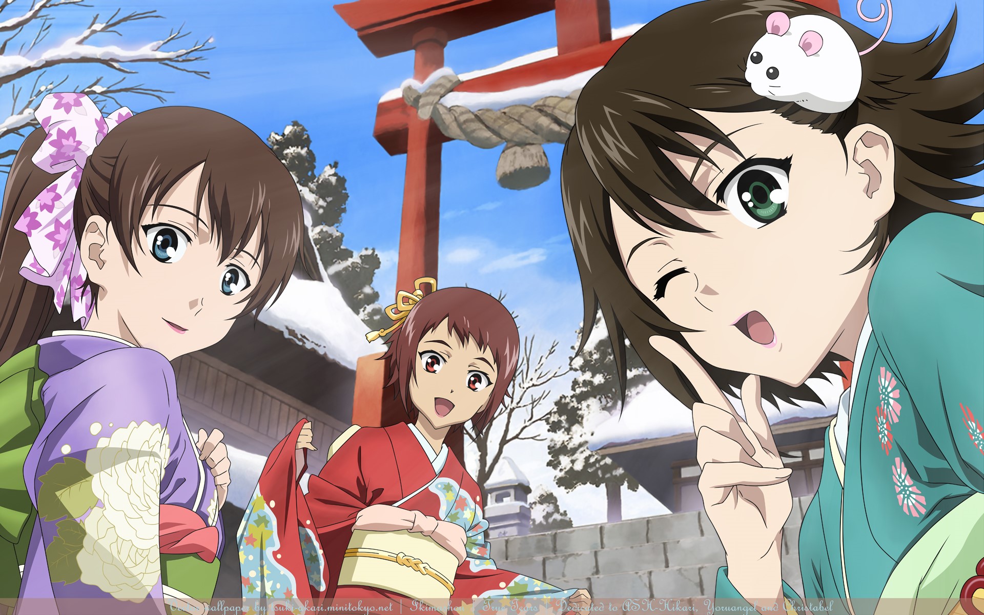 Three girls in kimonos at a shrine HD Wallpaper