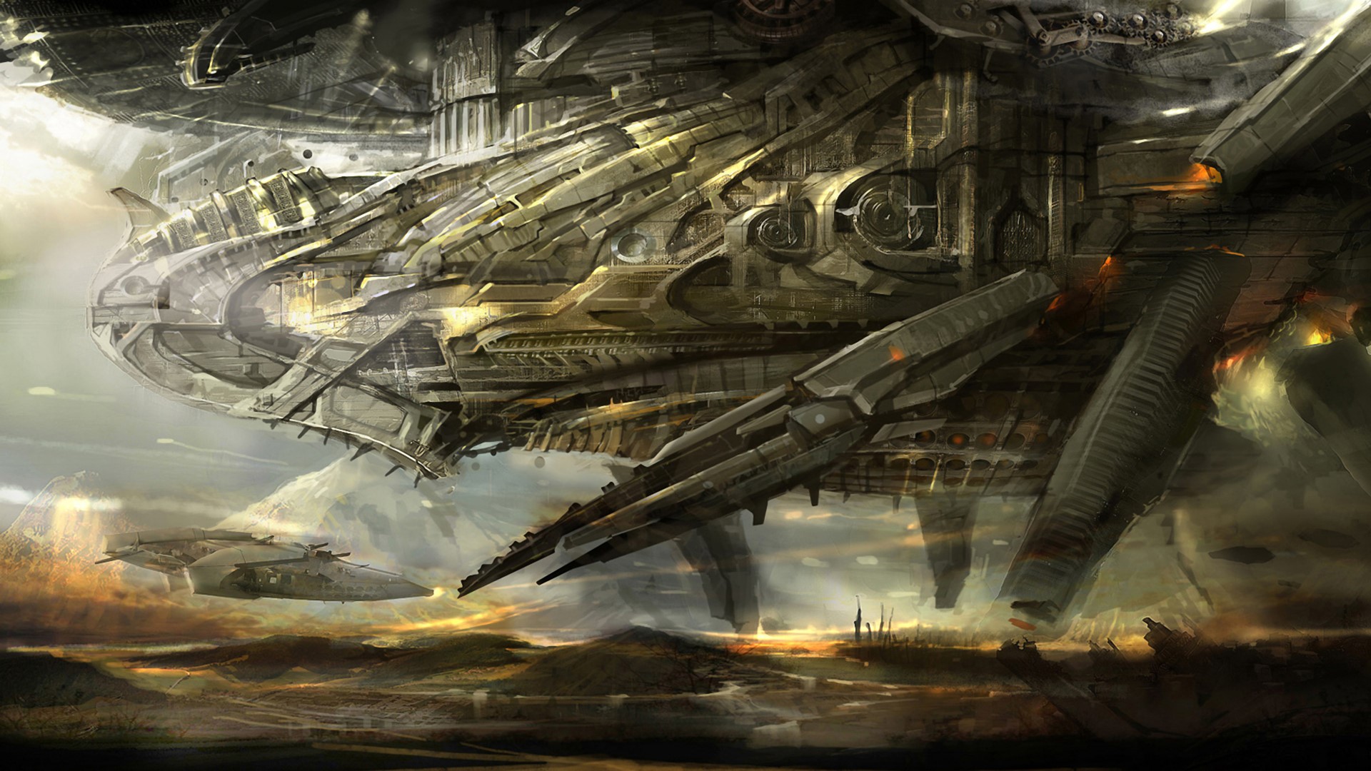 Steampunk airship over a desolate landscape HD Wallpaper