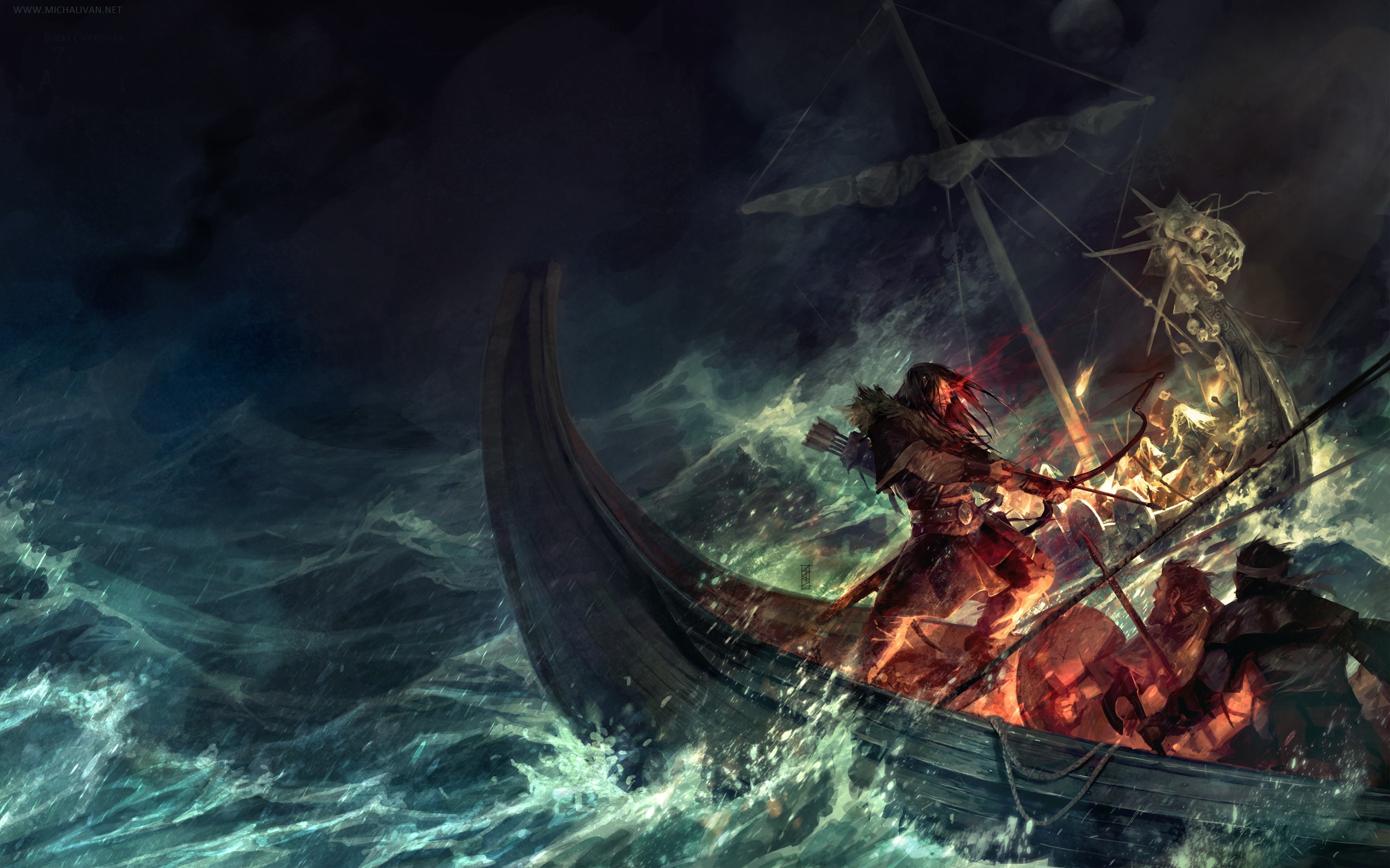 Warriors in a Viking ship during a storm HD Wallpaper
