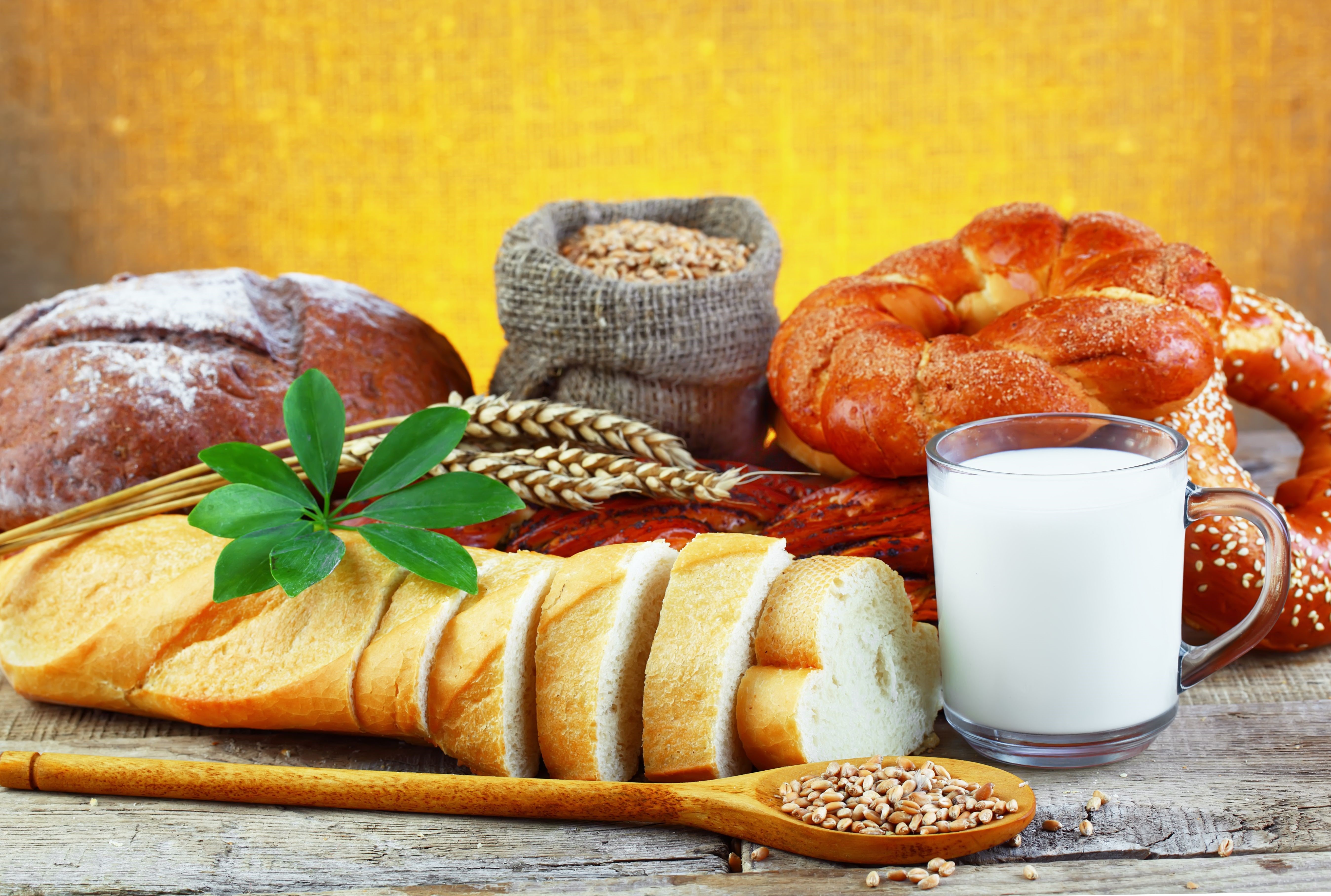 Assortment of Bread, Wheat, and Milk HD Wallpaper