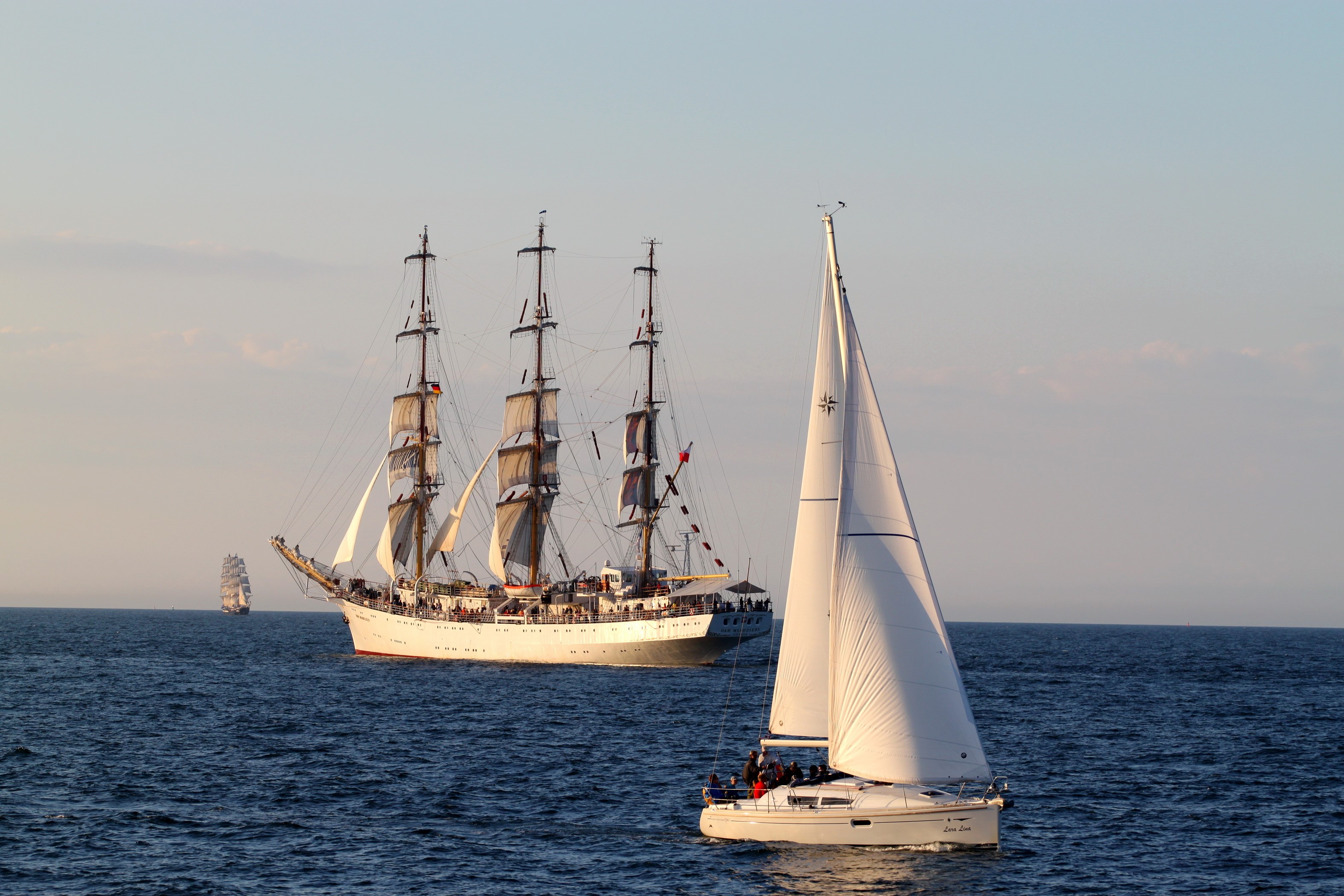 Tall Ship and Sailboat on the Water HD Wallpaper