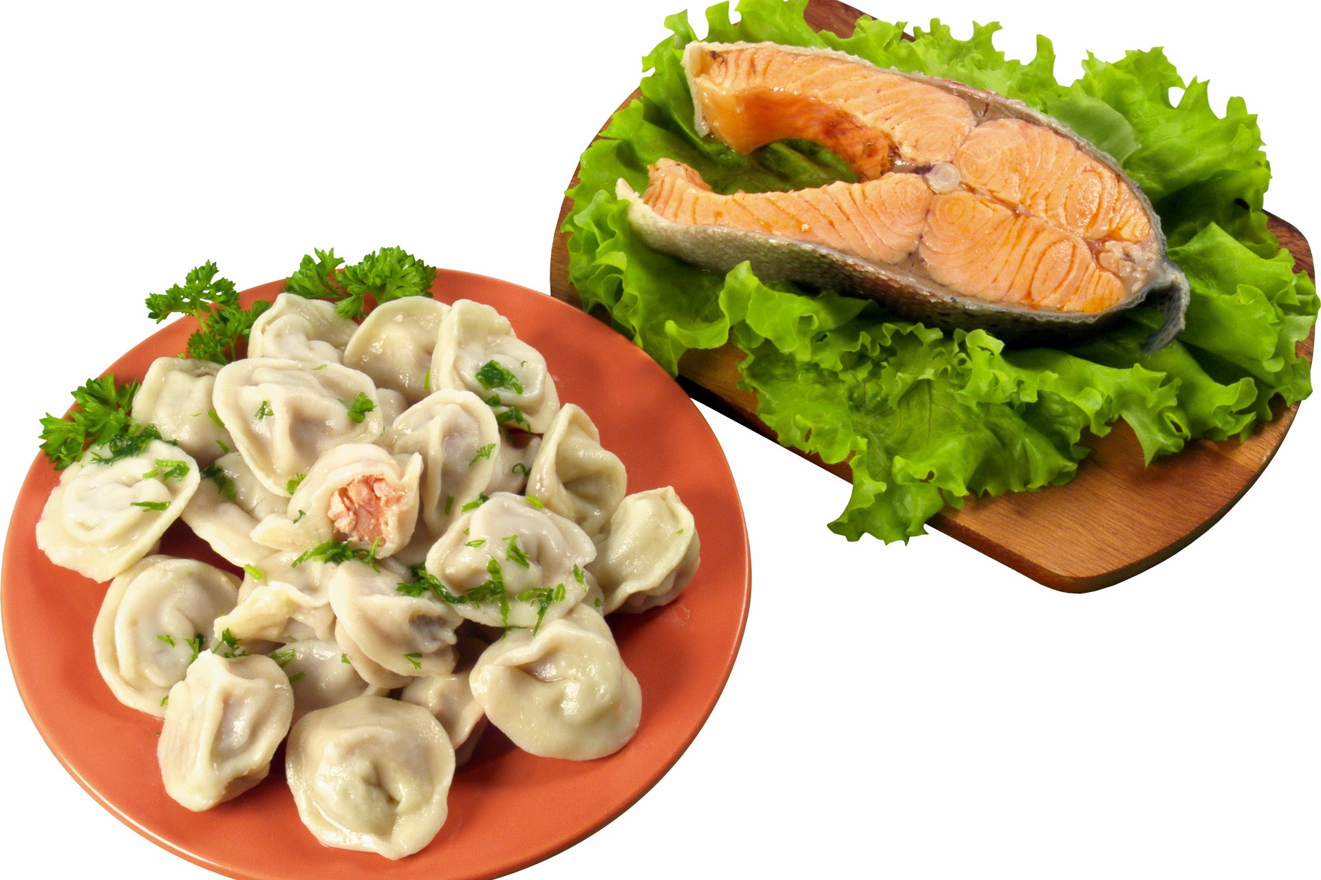 Salmon steak with lettuce and dumplings HD Wallpaper
