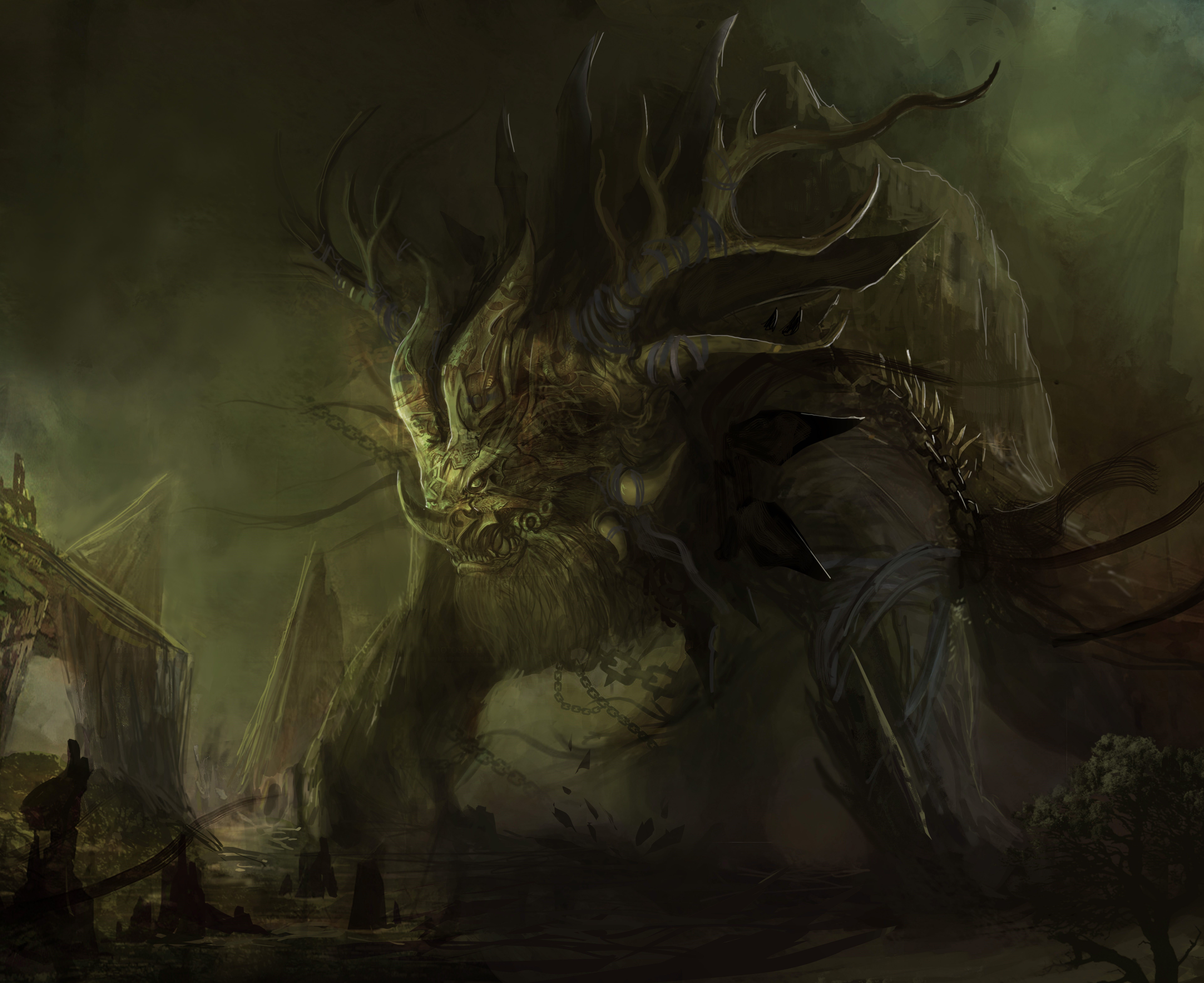 Monster in a dark, ruined landscape HD Wallpaper
