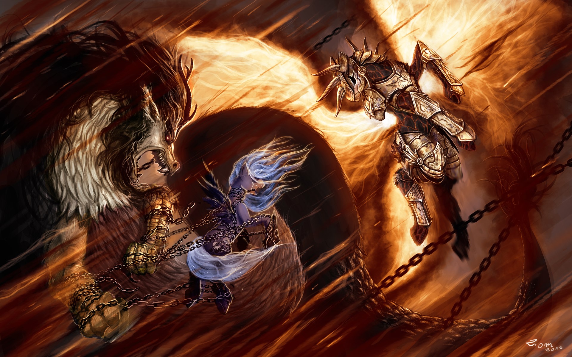 A monstrous wolf-like creature battles a chained winged warrior HD Wallpaper