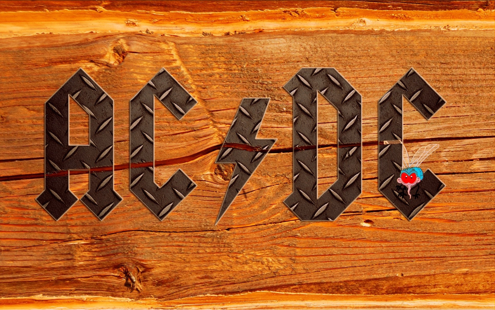 AC/DC logo with a fly on wood background HD Wallpaper