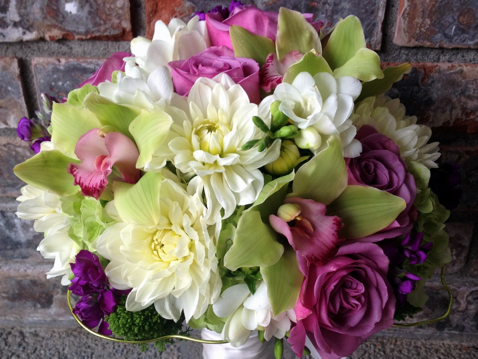 Wedding Bouquet with Roses, Orchids, and Dahlias HD Wallpaper