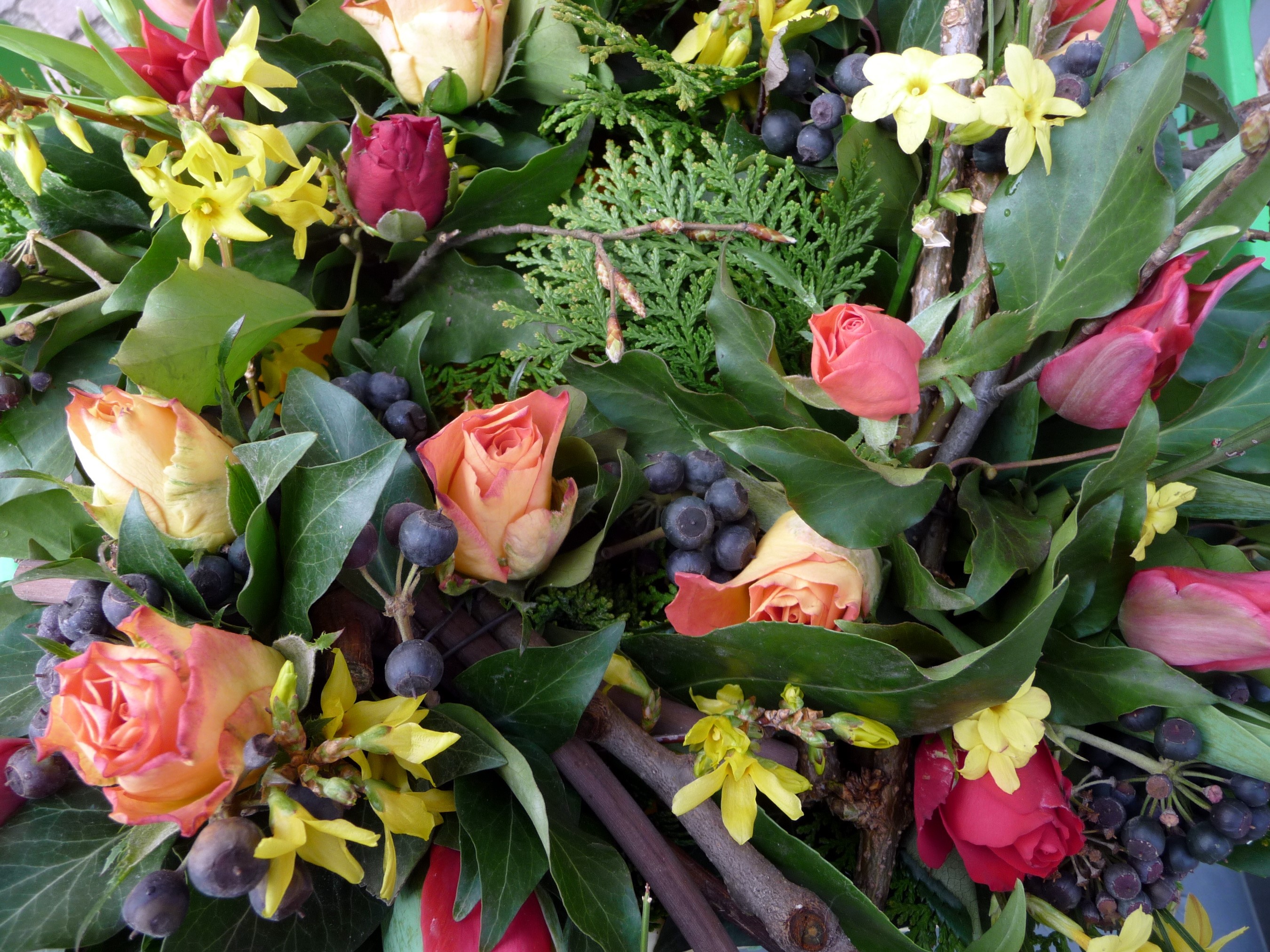 Bouquet of Roses, Forsythia, and Berries HD Wallpaper