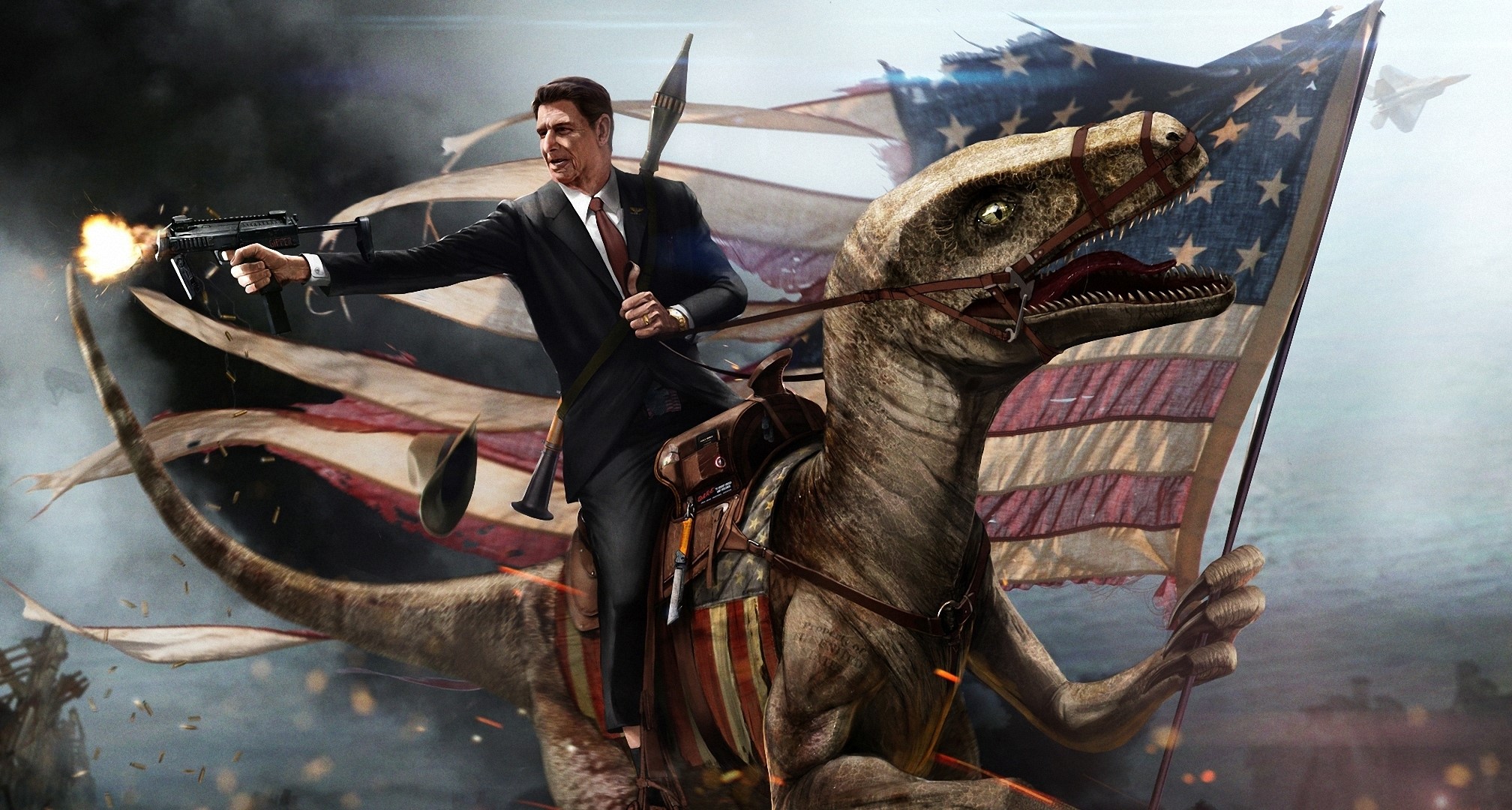 Ronald Reagan riding a velociraptor with American flag HD Wallpaper