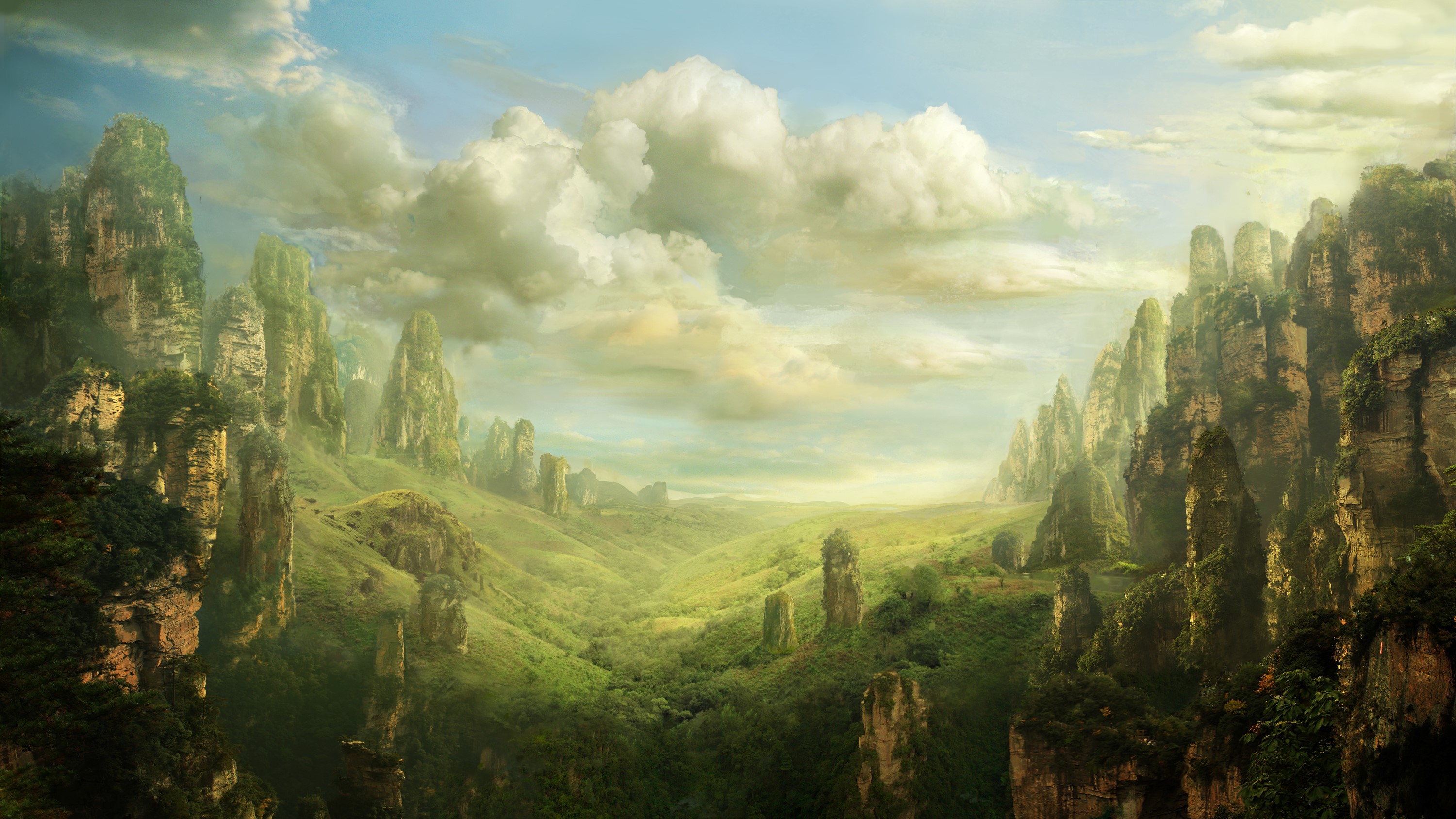 Fantastic world with floating mountains and clouds HD Wallpaper
